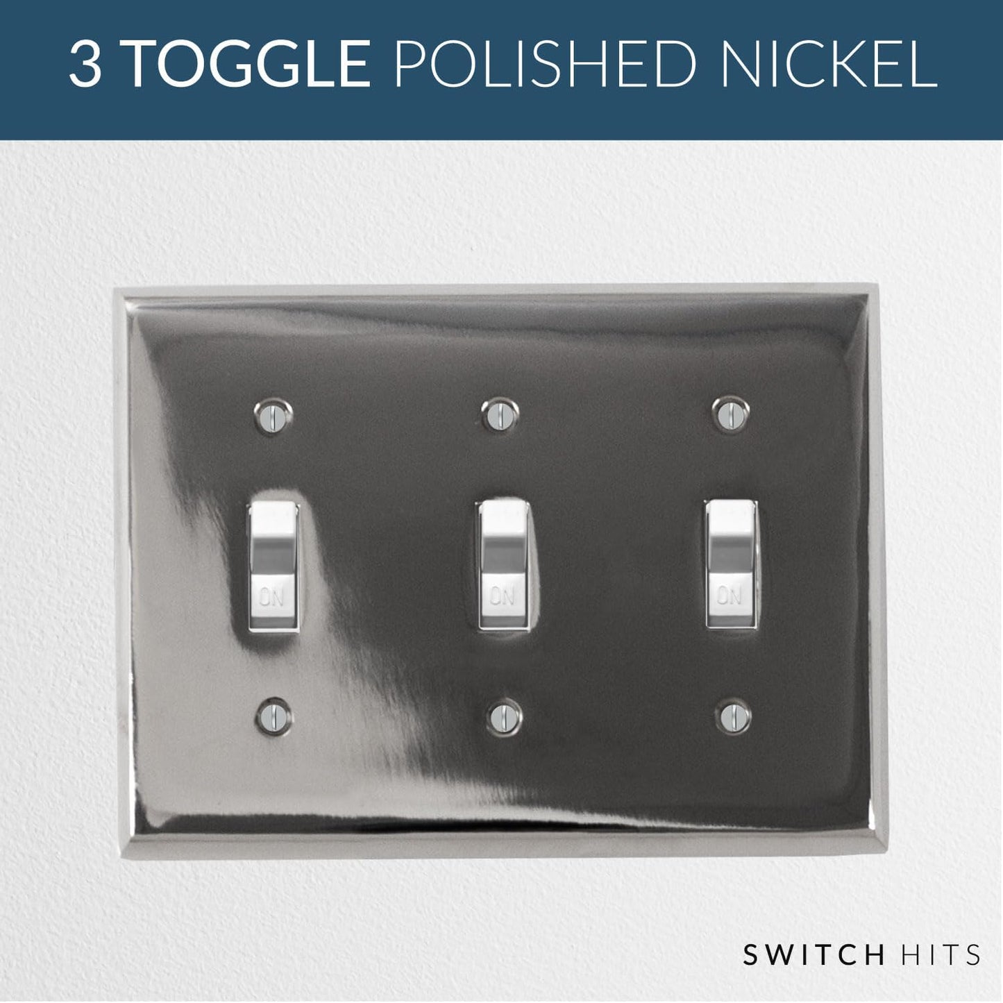 Polished Nickel Outlet Wall Plate | 3 Toggle | 6.25" x 4.5" | Hand-Polished Brass Construction | Electrical Switch