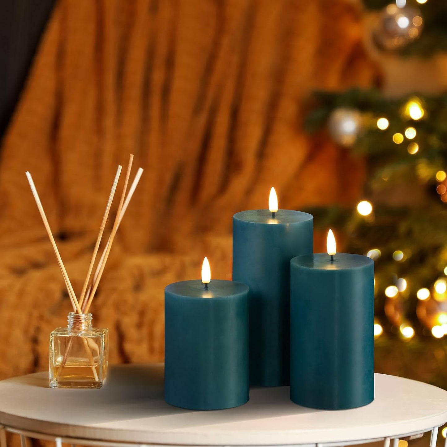Green Flameless Pillar Candles with Remote Set of 3 | Flickering LED Candles, 2 AA Battery Power, Flat Top Real Wax