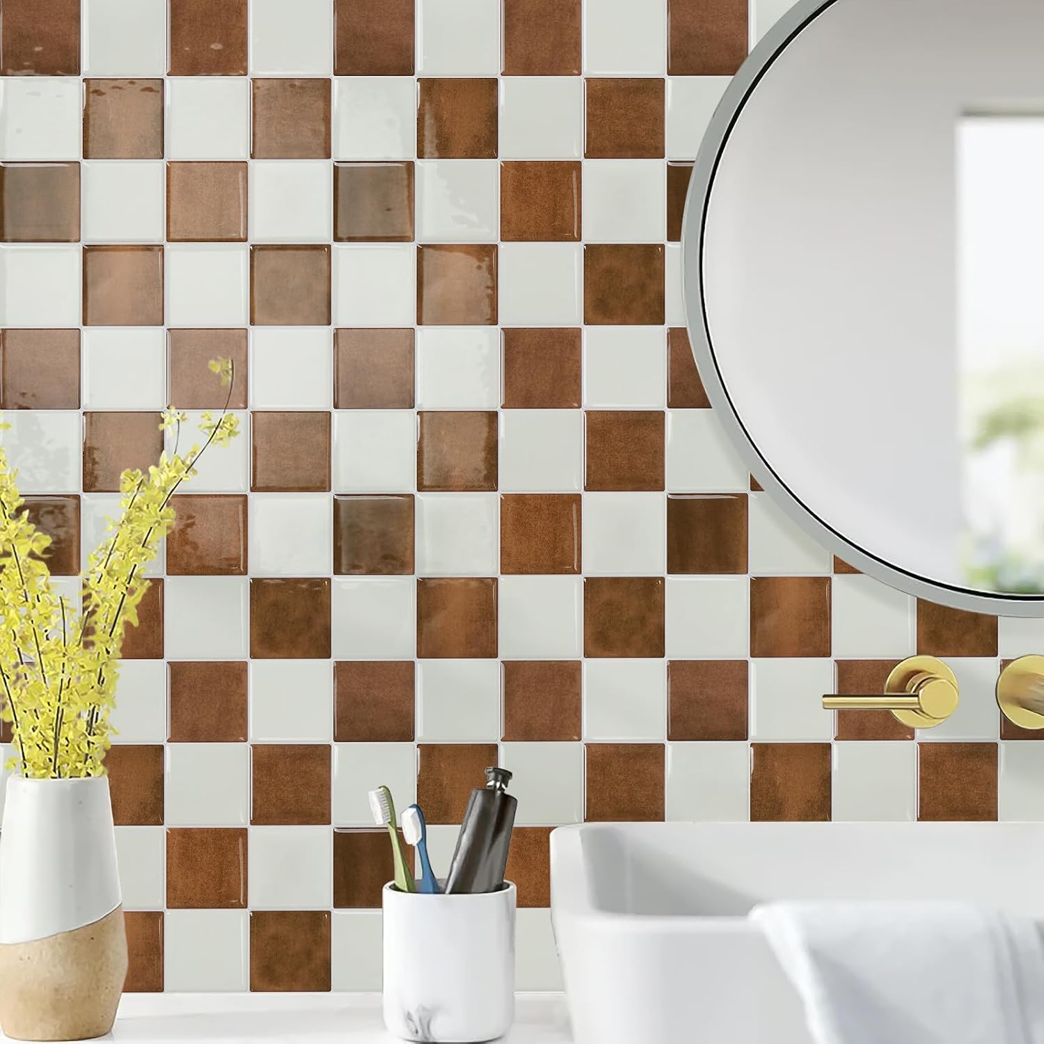3D Adhesive Peel and Stick Tile Backsplash / White,orange / 9 x 9