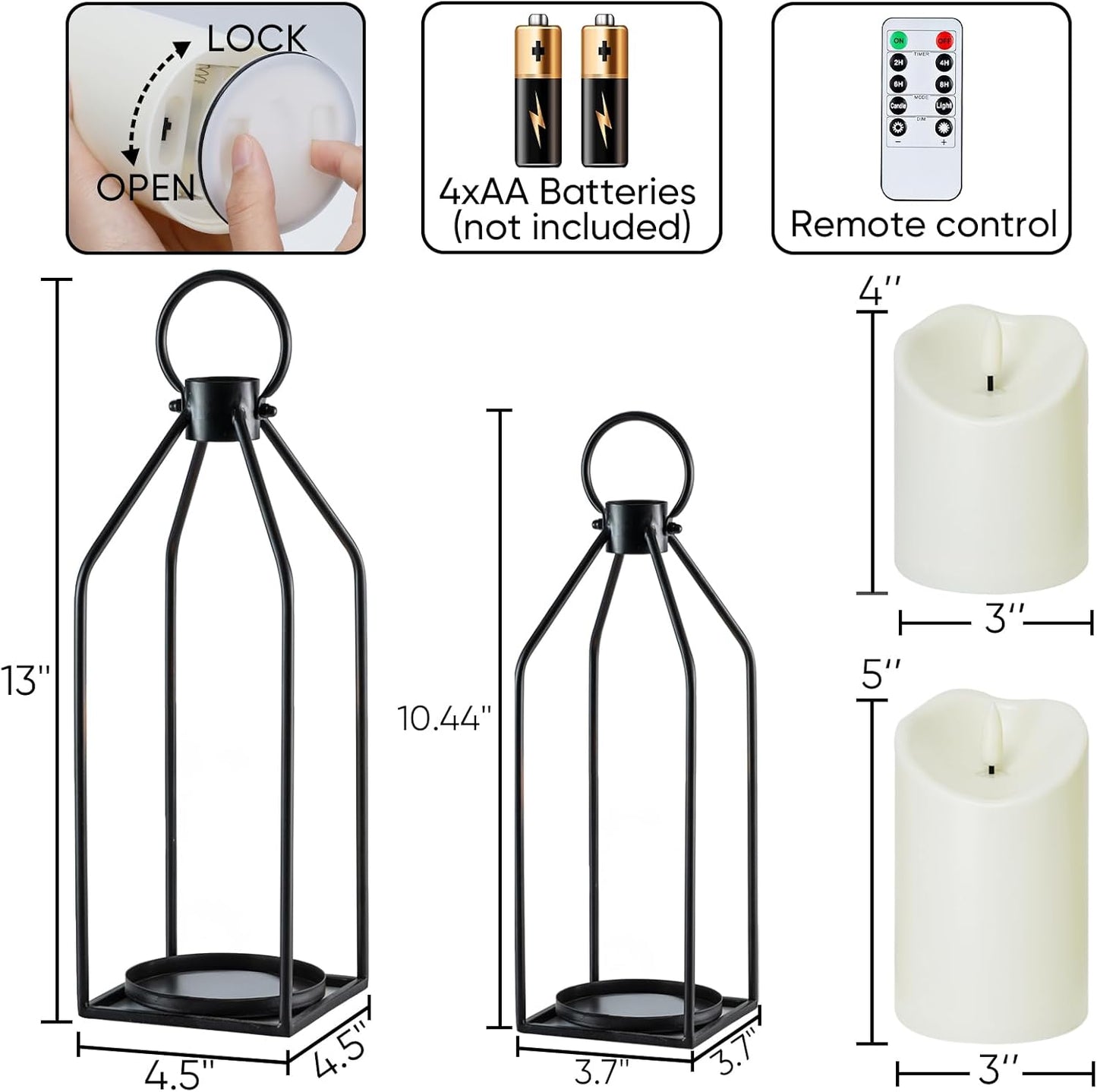 Homemory Modern Farmhouse Black Metal Lanterns 2PCS with Flameless Candle | Waterproof Lantern Design Outdoor Indoor