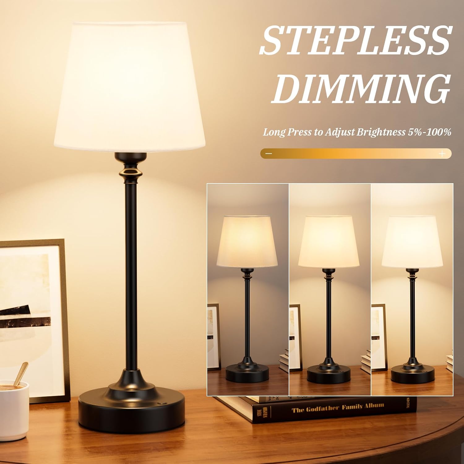 Cordless Table Lamps Rechargeable Set - 2 Pack Black 4000mAH Battery Operated Lamps for Decor, 3000K Stepless Dimming