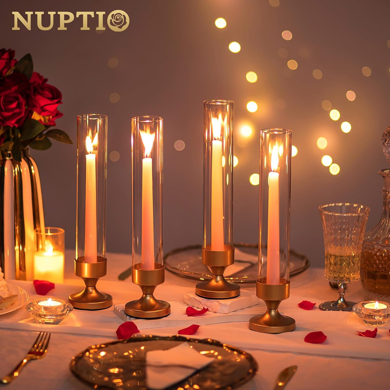 NUPTIO Hurricane Glass Candle Holder: Set of 10 Metal Taper Candle Holders | Gold Candlestick Holders Bulk with Sleeves