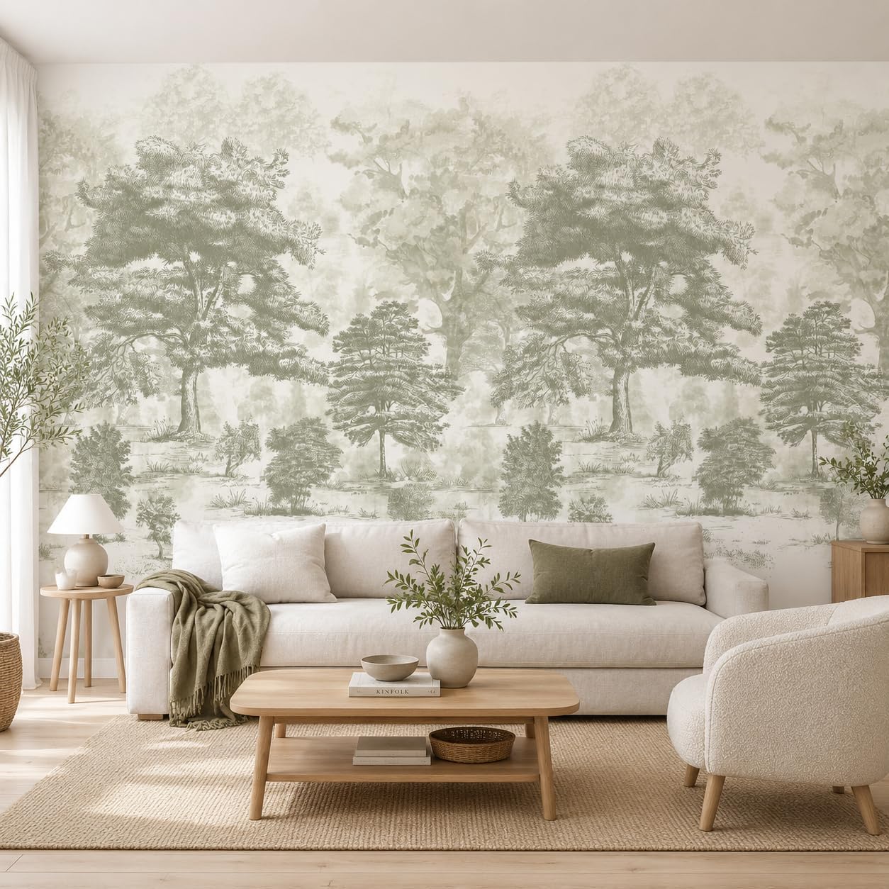 Vintage Forest Wall Murals Peel and Stick 144" W x 100" H Canvas Waterproof / Sage Green / 144 x 100