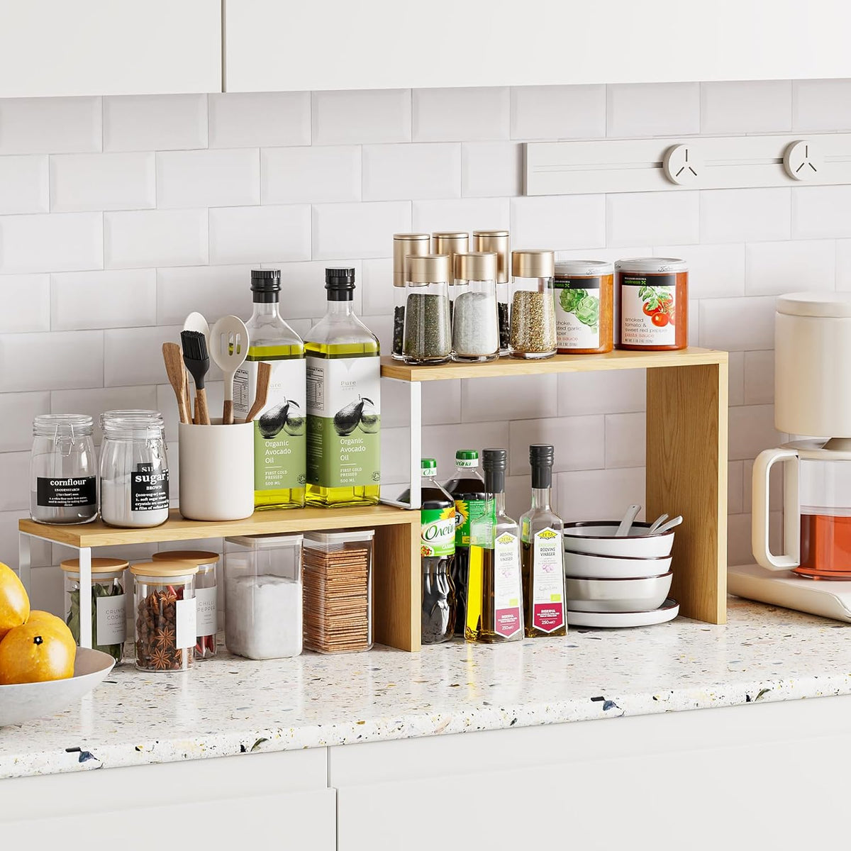 Cabinet Organizer Shelf, 2-Tier Kitchen Counter Organizer Corner Shelves Coffee Bar Organizers for Countertop Kitchen