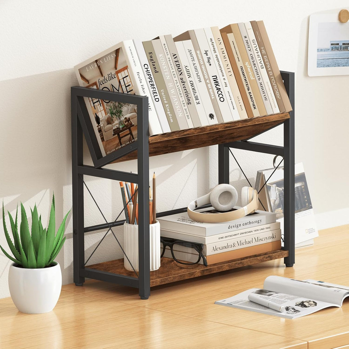 ELITEROO Desktop Bookshelf, 2 Tier Desk Shelf Organizer, Wooden Tabletop Bookcase, Small Desk Top Book Rack for Office