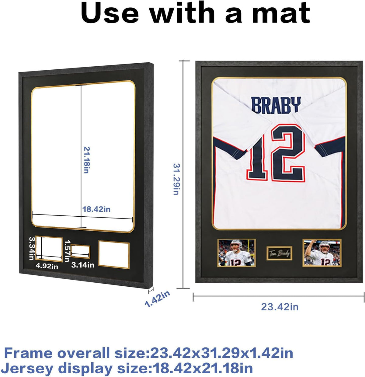 KCRasan Tempered Glass Jersey Frame Display Case with Black Gold Mat | Wooden Sport Jersey Shadow Box Frame with