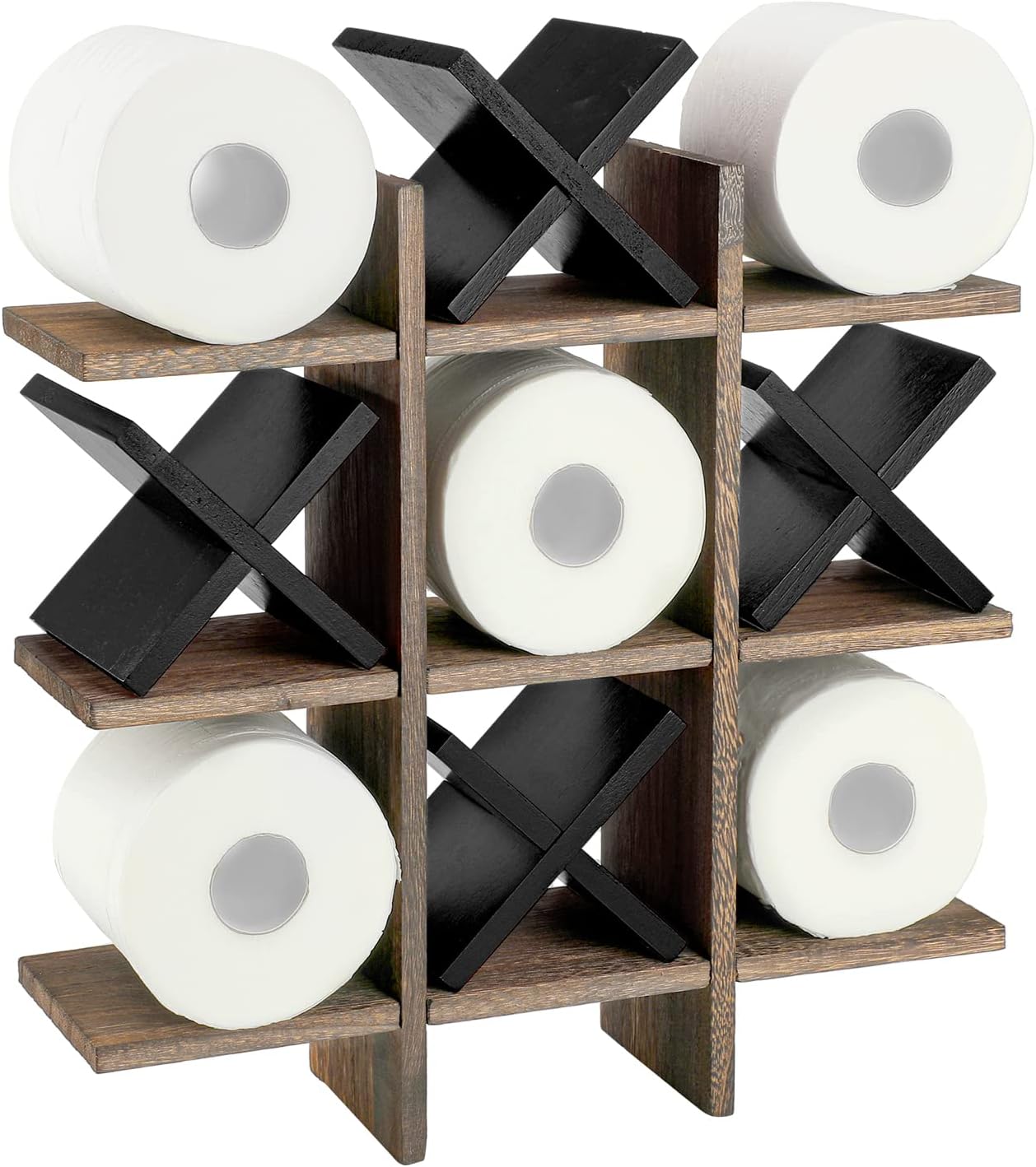 Weysat Tic Tac Toe Toilet Paper Holder,Brown, Black | Farmhouse Bathroom Decor, Freestanding or Wall Mount Storage for