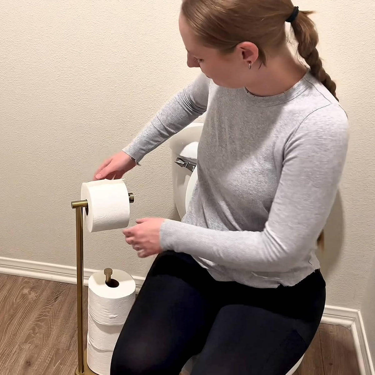 theaoo Heavy-Duty Toilet Paper Holder Stand, Bathroom Storage, Gold | Freestanding Toilet Tissue Paper Roll Holder with