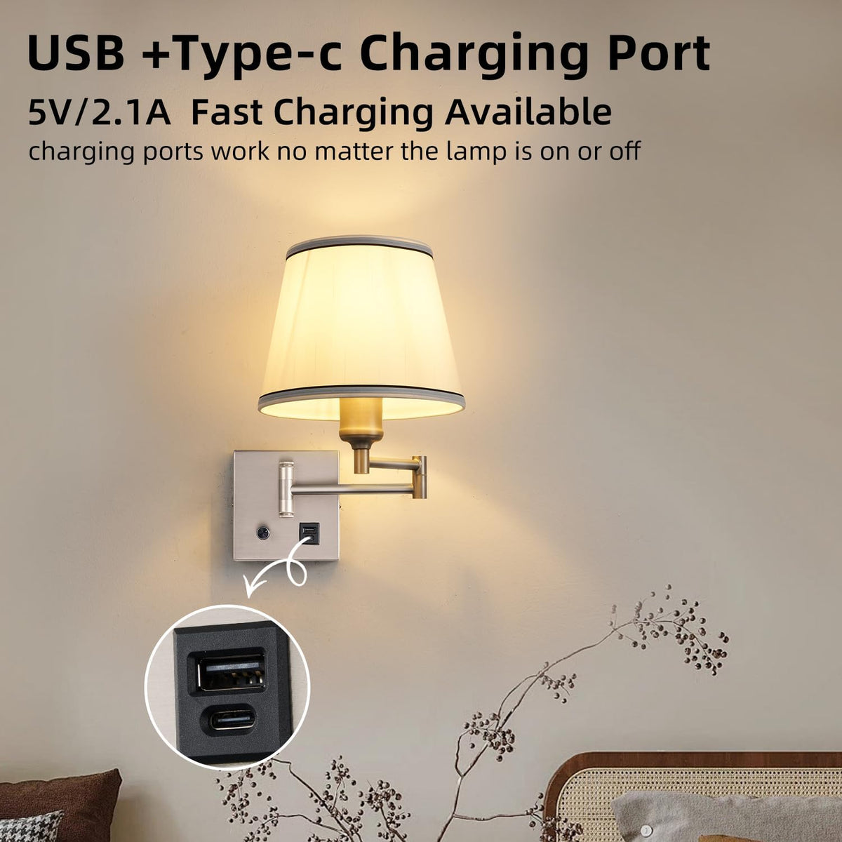Swing Arm Wall Lamp, Satin Nickel, White Fabric Shade | Type-C and USB Charging Port, Dimmable Switch, Plug in Wall