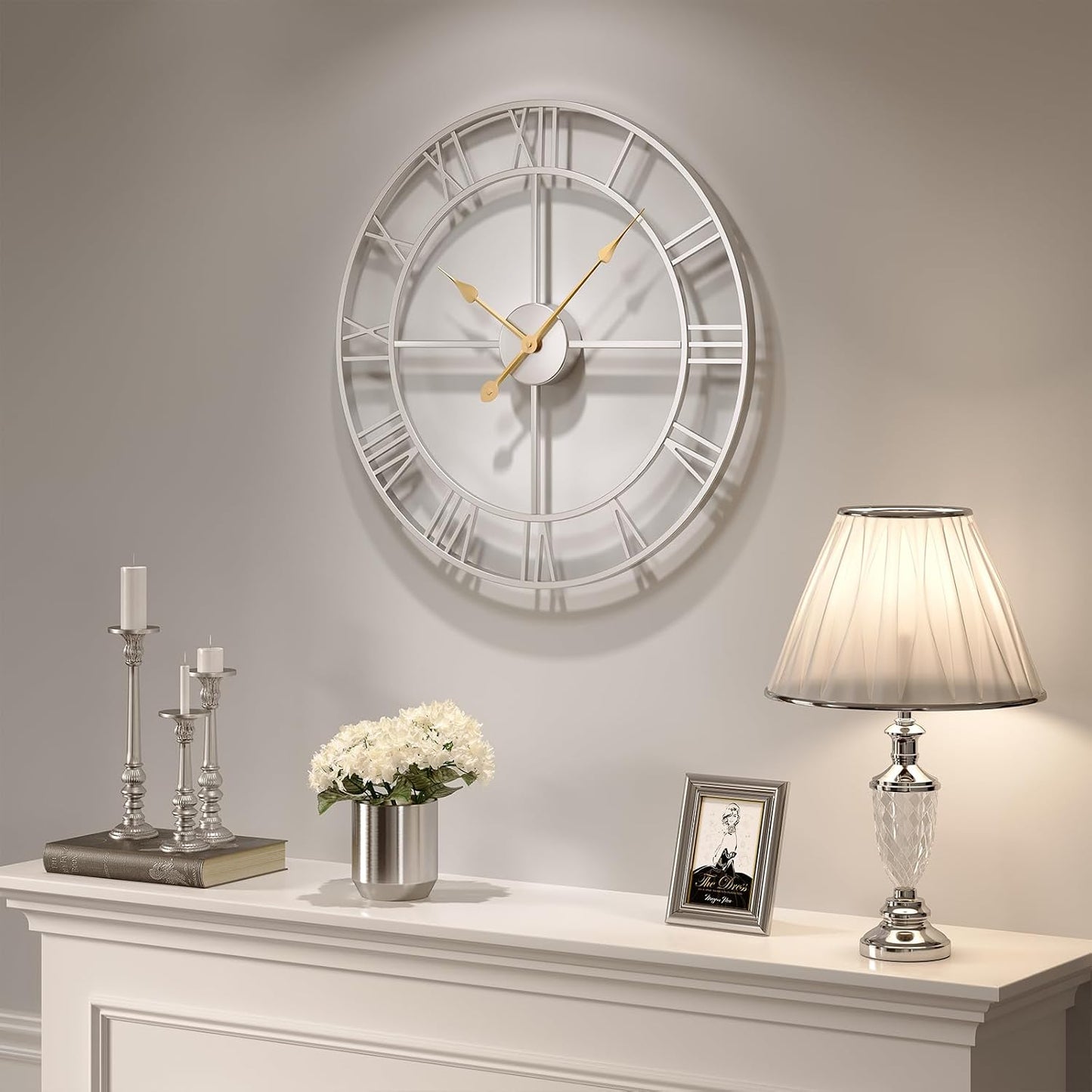 Cuspin 24 Inch Wall Clock Large Silver Decorative Modern Metal Clocks | Battery operated, Silent non ticking, Roman