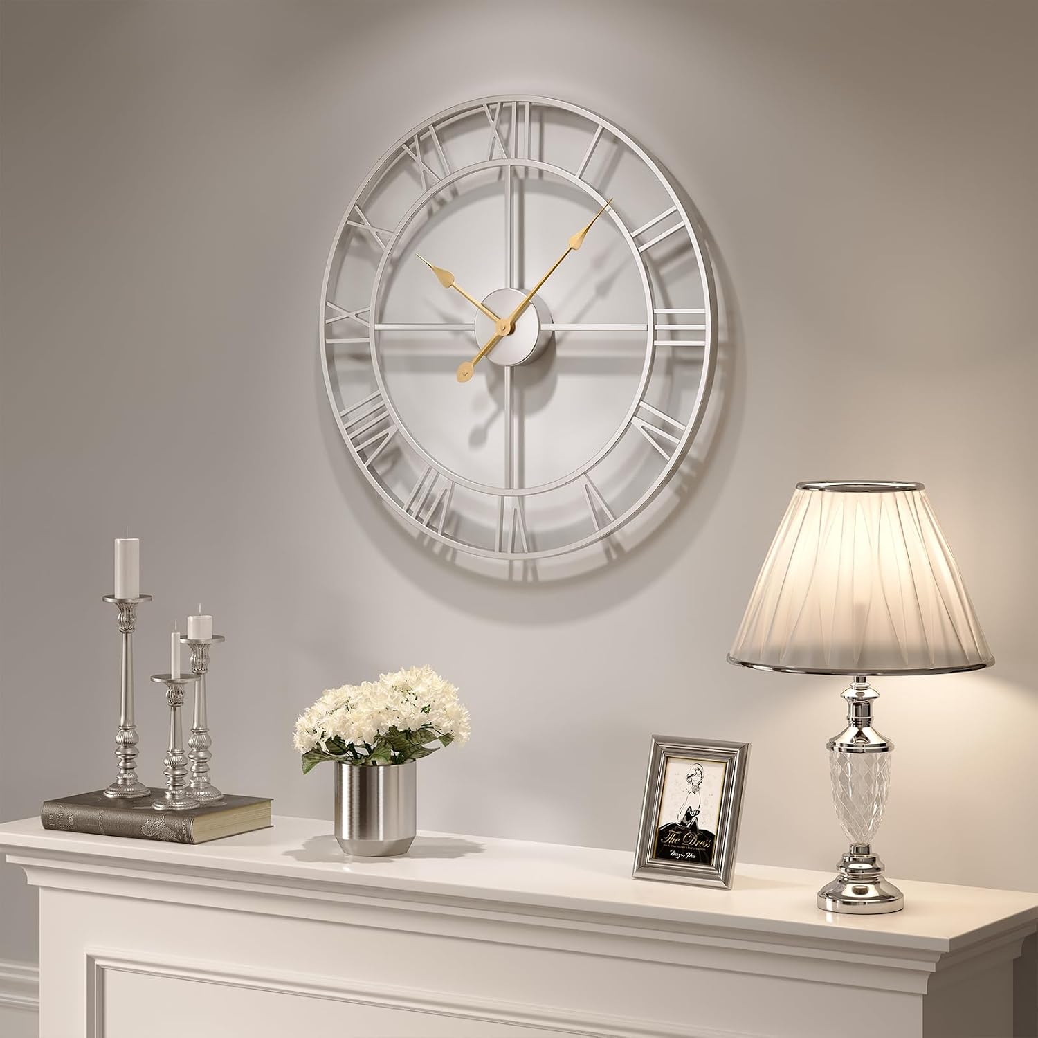 Cuspin 24 Inch Wall Clock Large Silver Decorative Modern Metal Clocks | Battery operated, Silent non ticking, Roman