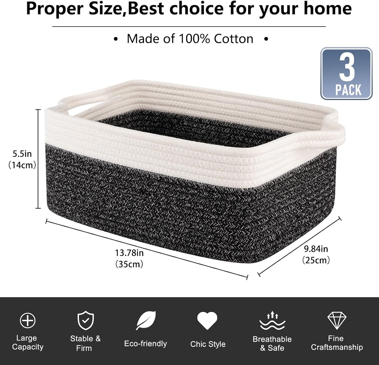 Woven Cotton Rope Basket / Black Variegated / 13.8''x9.8''x5.5 / Set of 3