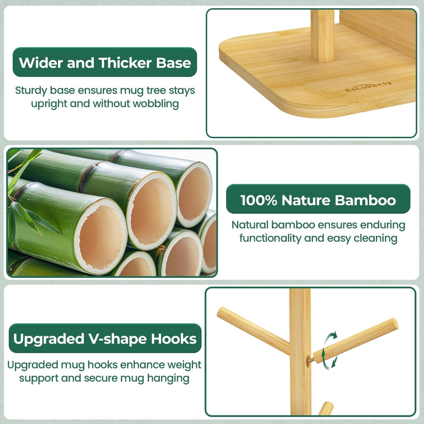 EsLuker.ly Mug Tree Holder Stand, Countertop Bamboo Coffee Cup Organizer | Rack for Kitchen Office, Space-Saving Coffee