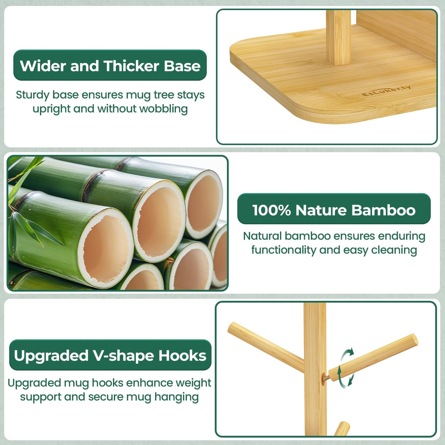EsLuker.ly Mug Tree Holder Stand, Countertop Bamboo Coffee Cup Organizer | Rack for Kitchen Office, Space-Saving Coffee