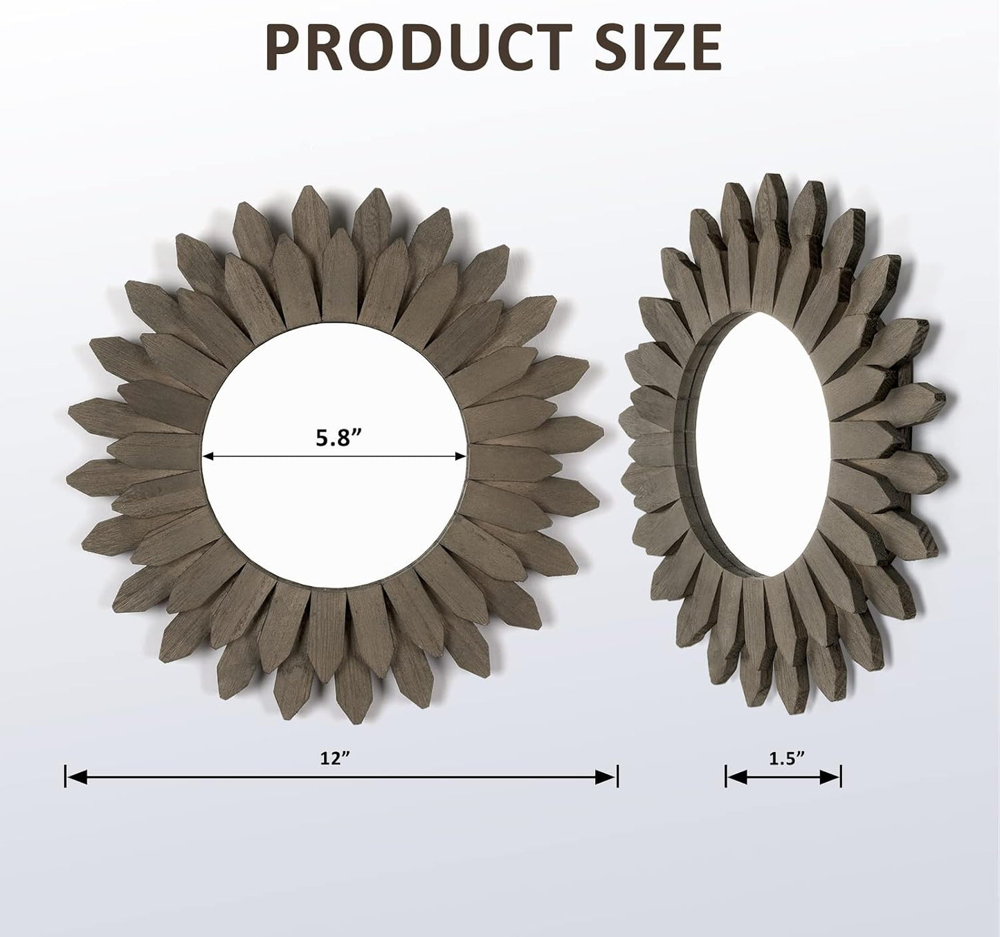 Farmhouse Wall Decor Mirror Sunburst Boho Wood Mirror Rustic Home Decor / Weathered Grey / 12 Inch