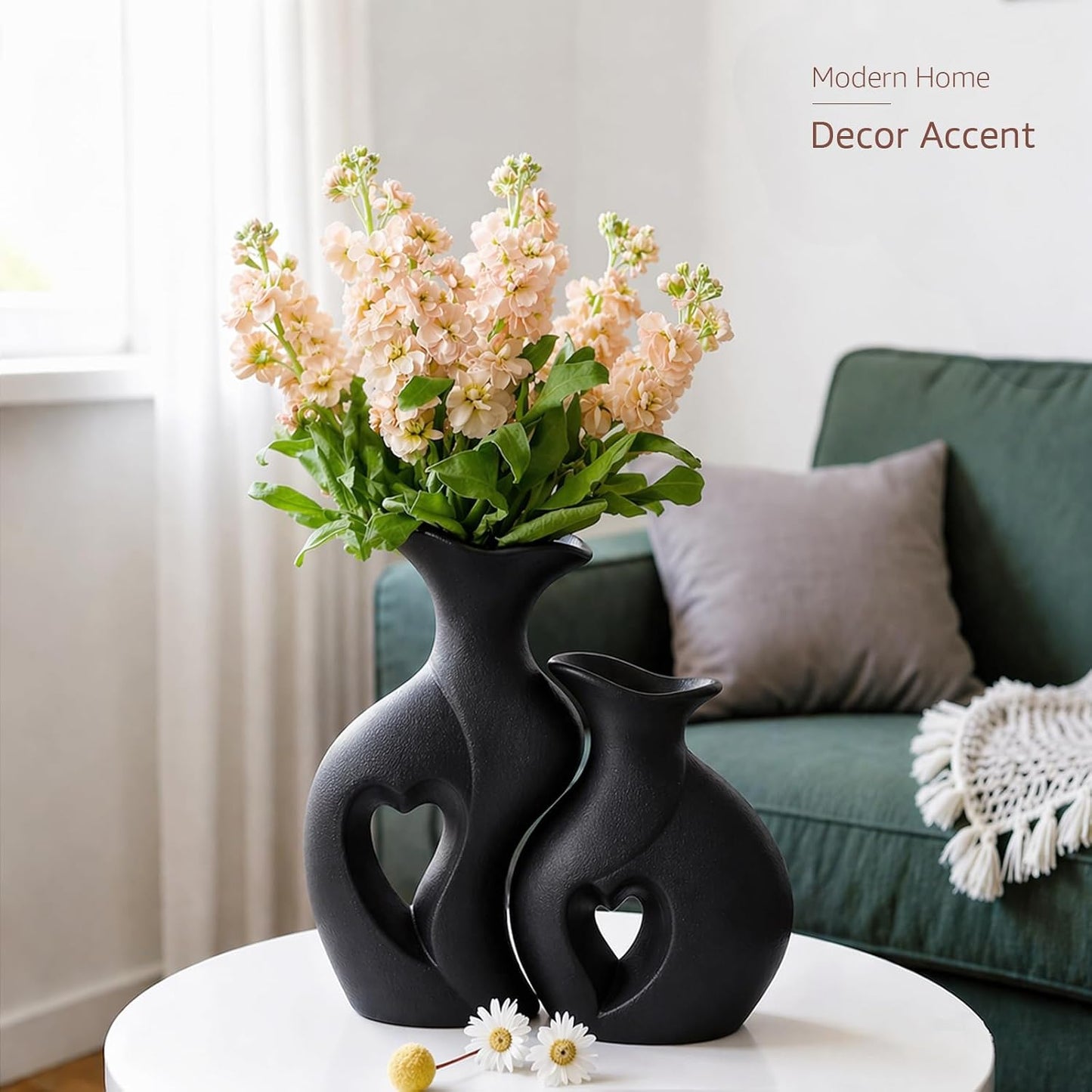 Ceramic Vases / Hollowed Heart Flower Vase for Modern Nordic Boho Home Decor / Black / Set of 2