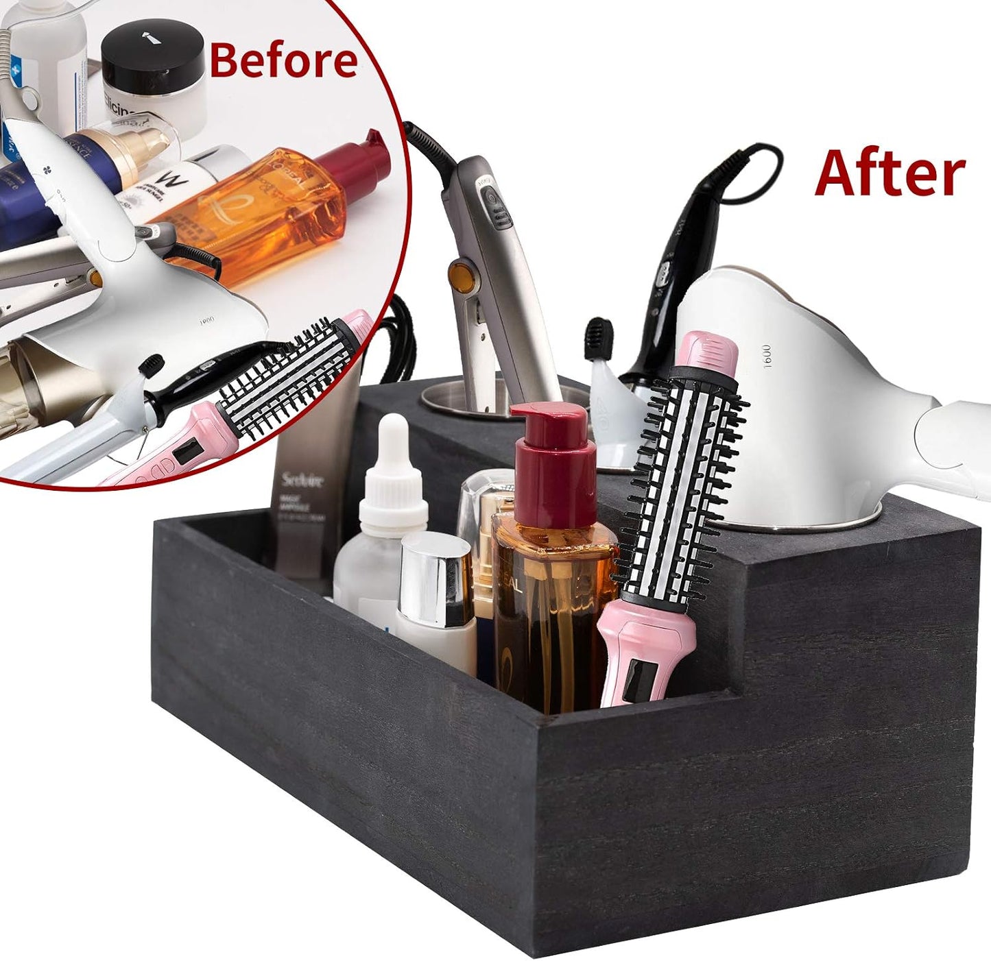 Wooden Hair Dryer Holder - Rustic Hair Tools Organizer with 3 Circular Holes and 1 Compartment, Bath Accessories