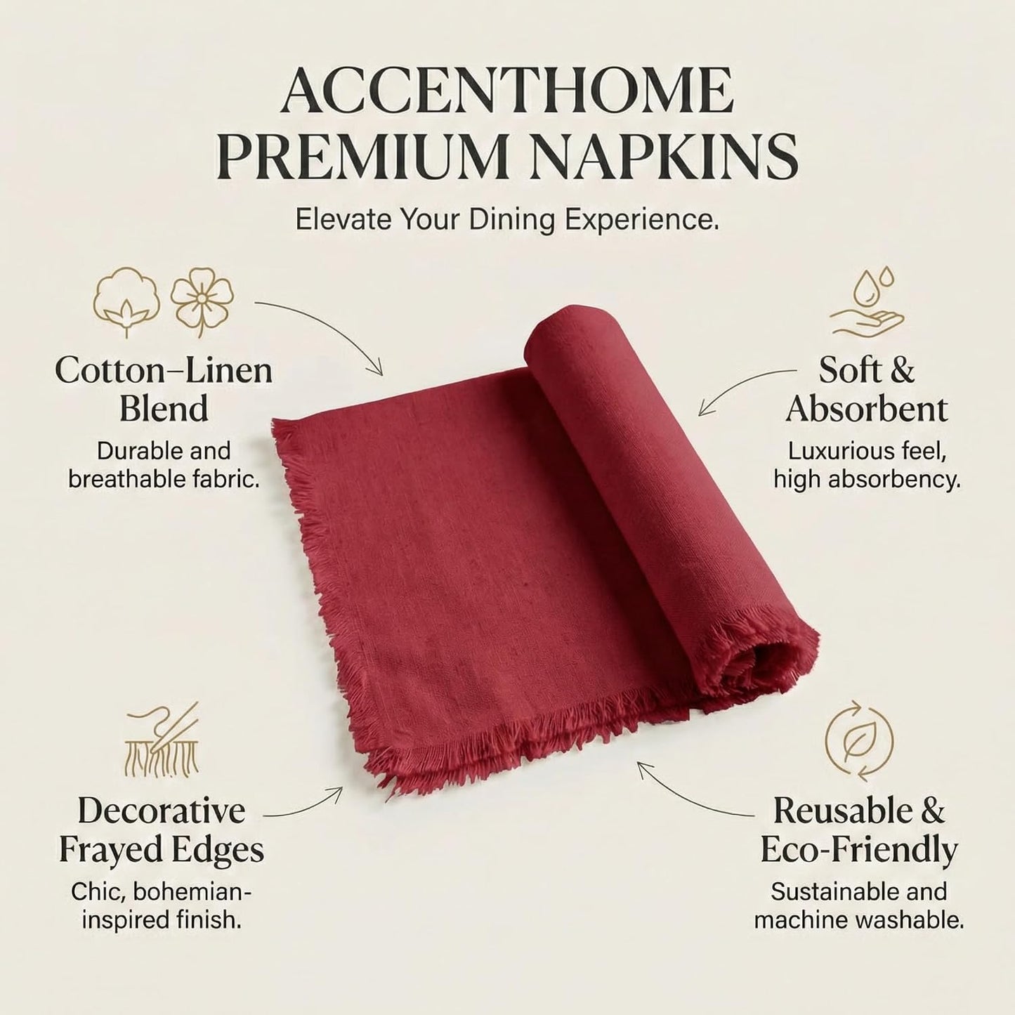 ACCENTHOME Red Cotton Linen Napkin Set of 12 18x18 inch Dinner Napkins | Cotton Linen Blend Napkins, Machine Wash On