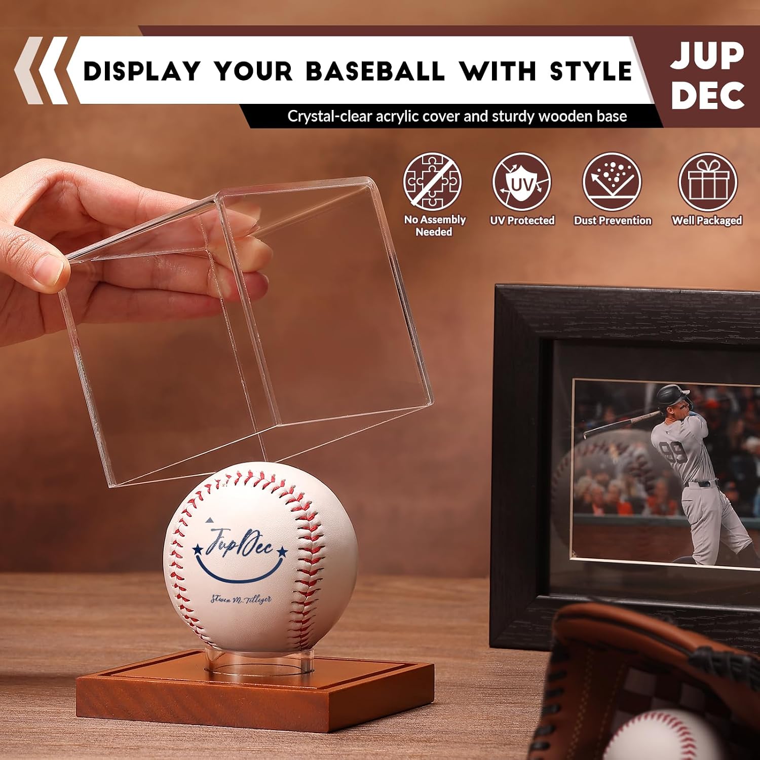 Baseball Display Case, Clear Cube Baseball Holder with Wooden Base, Autograph Baseball Stand Box for Single Ball