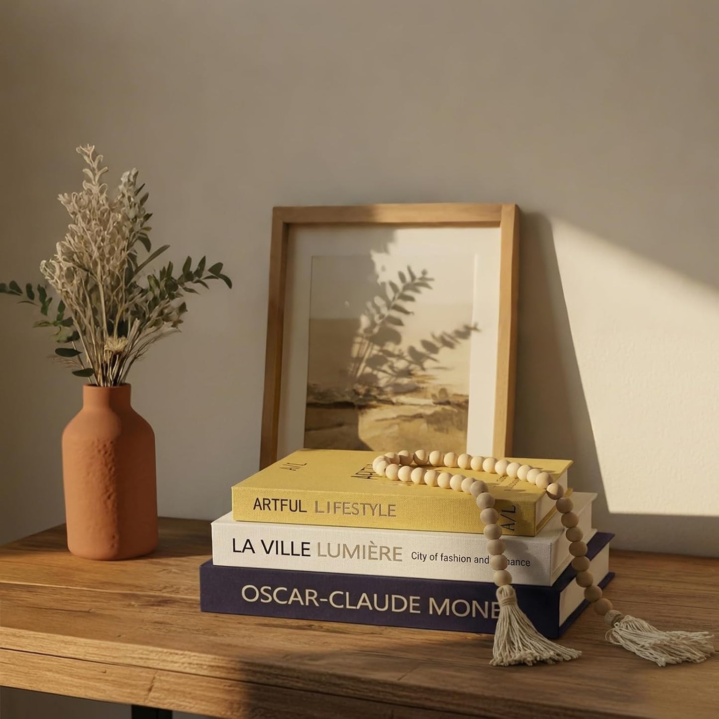 Linen Fake Books for Decoration / Dark Blue W. Wooden Beaded / Set of 3
