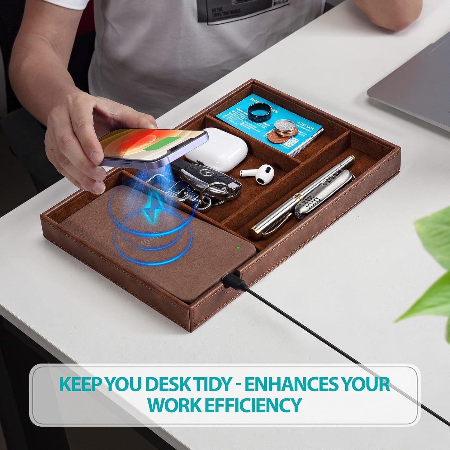 Valet Tray, Built in Wireless Charging Pad, Nightstand Organizer | Dresser Organizer, Mens Jewelry Box, Valet Charging