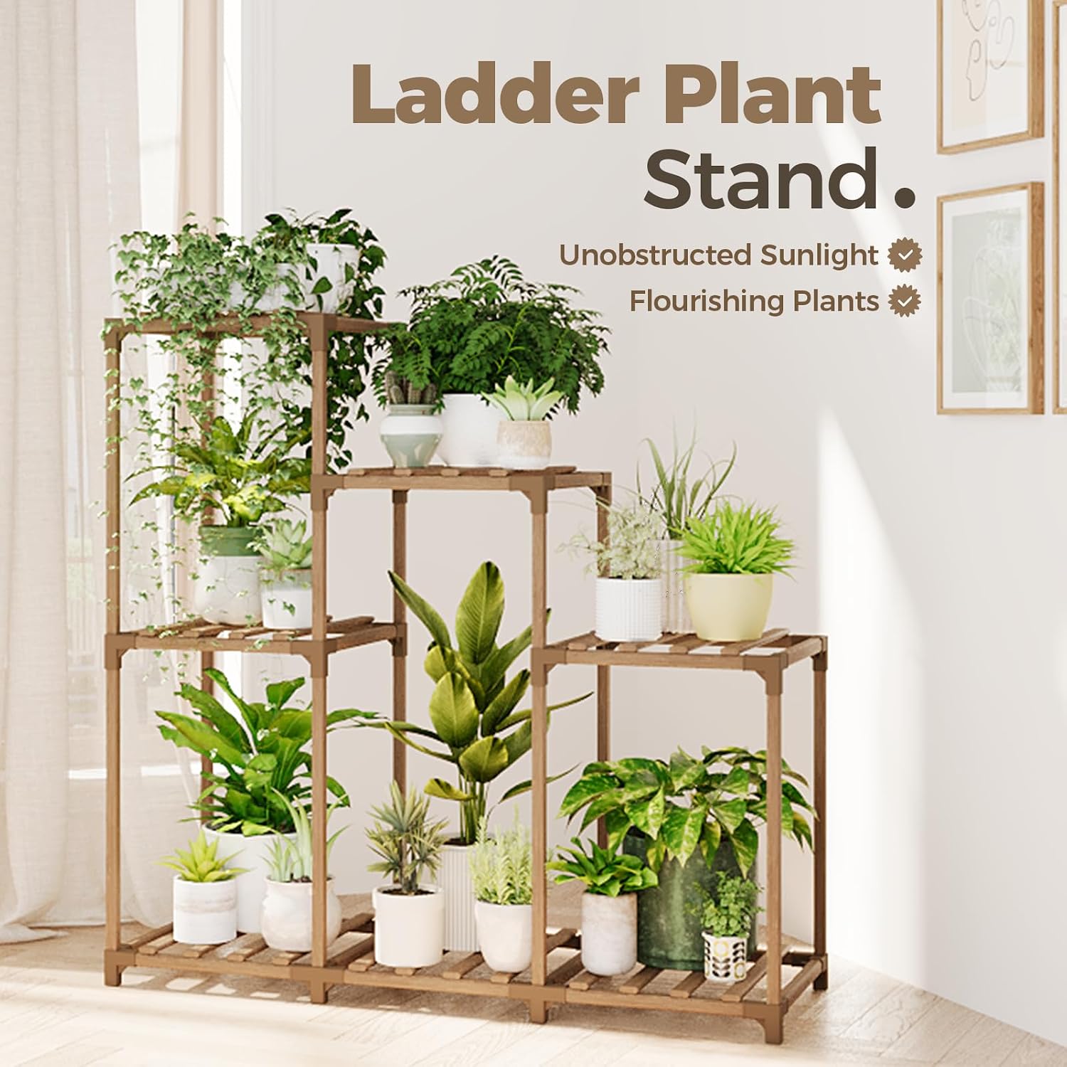 Bamworld Plant Stand Indoor Wood Plant Shelf Outdoor Tiered Plant Rack | for Multiple Plants Upgrade 3 Tiers 7 Potted