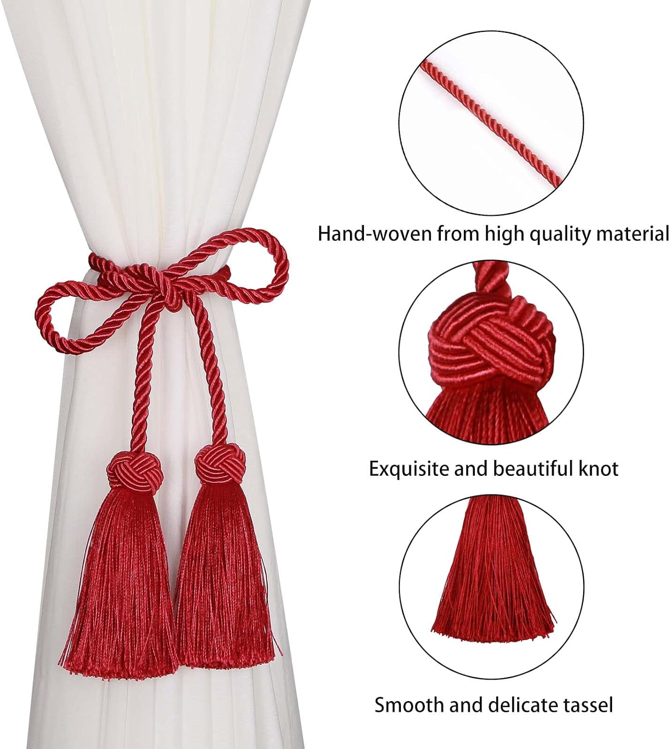 BEL AVENIR 6 Pack Handmade Rope Tassel Curtain Tiebacks | Decorative Curtain Holdbacks with Tassel (Red, 6 Pack)