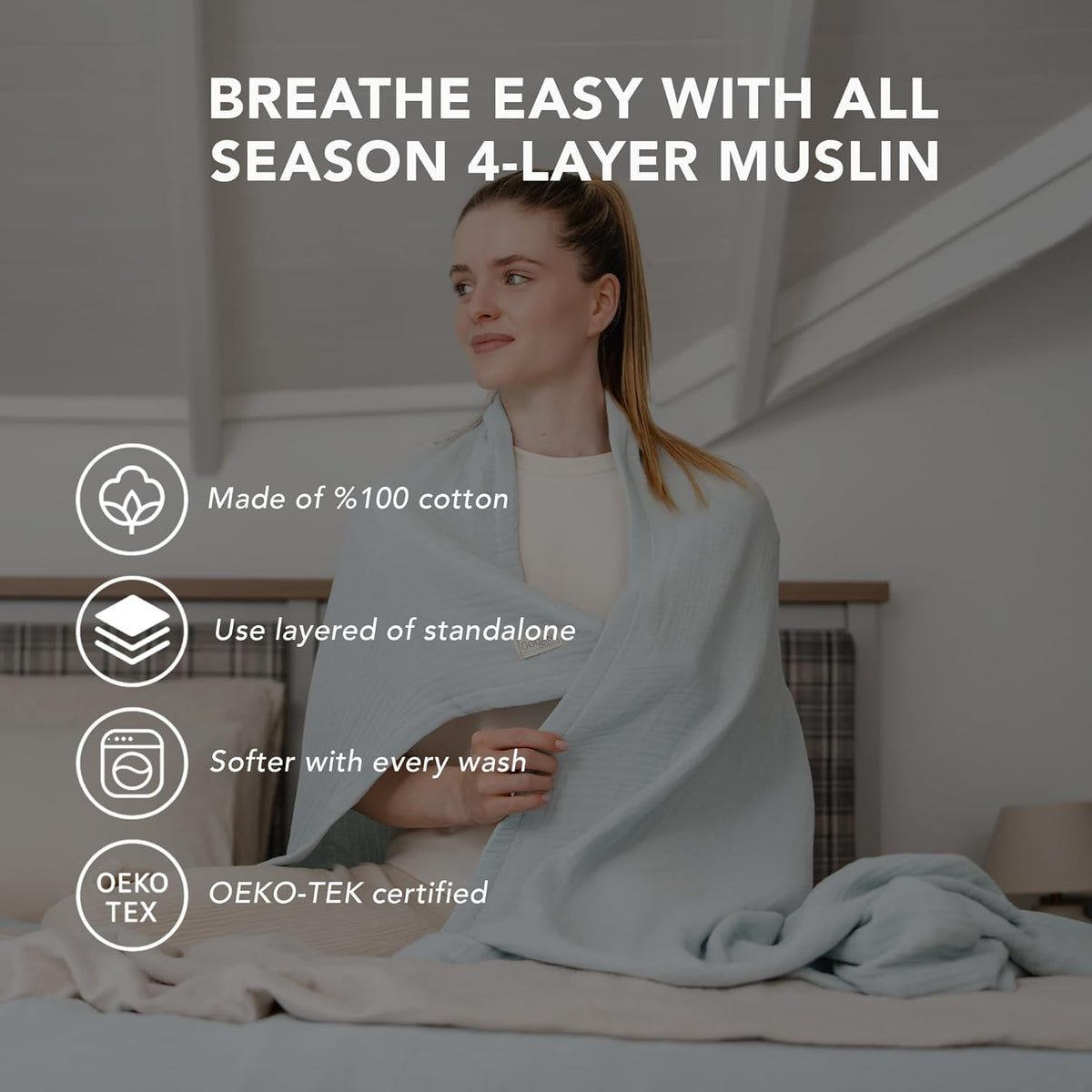 100% Turkish Cotton Muslin Blanket: Thin Cooling Summer 79x90 - Aqua Green
