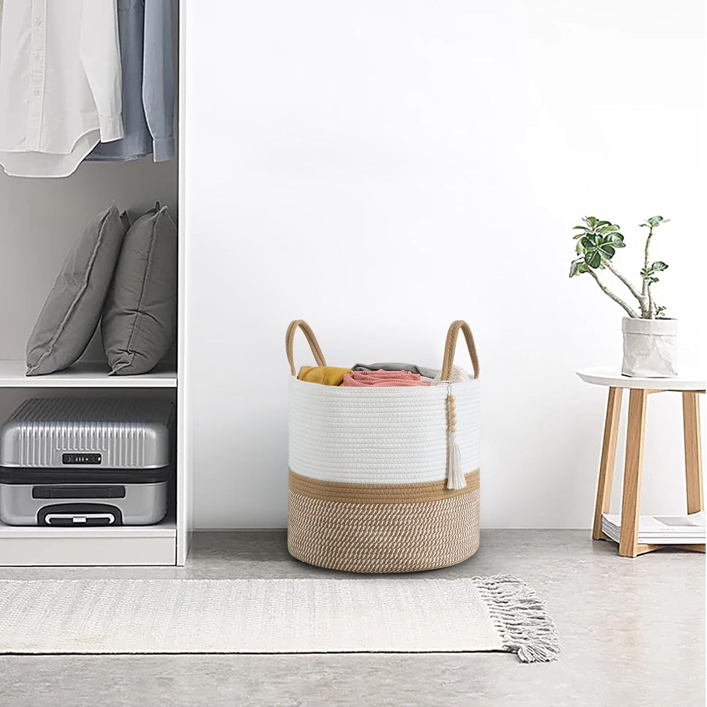 Woven Storage Basket Decorative Natural Rope Basket Wooden Bead / White and Brown / 16" W x 13.8"L