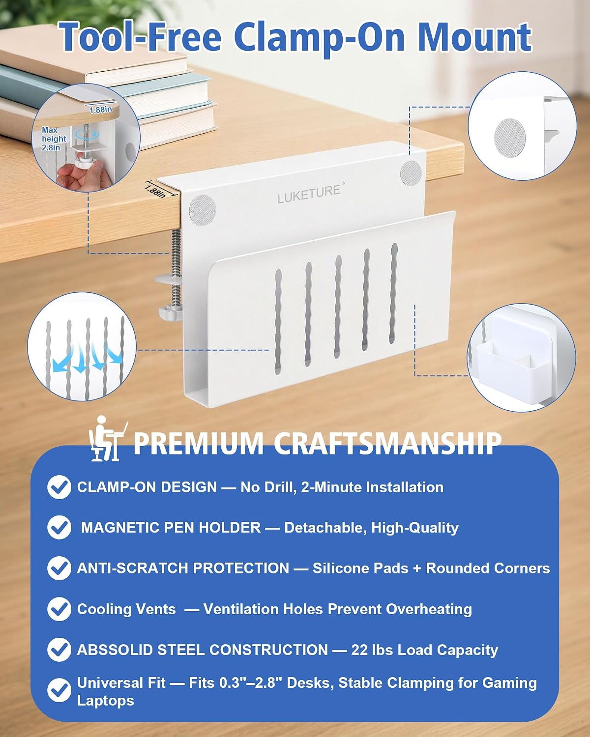 LUKETURE Desk Side Storage, Steel Side Desk Organizer, No Drill Laptop Holder, Clamp on Laptop Mount with Pen Holder