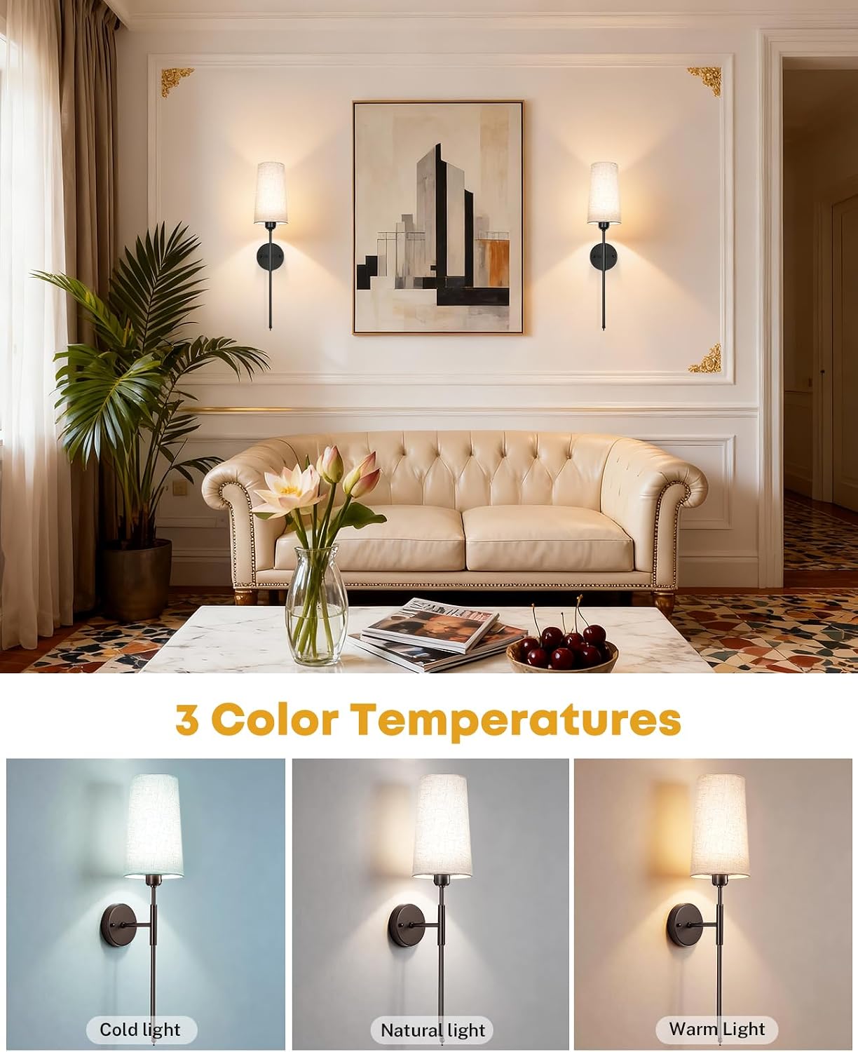Battery Operated Wall Sconce Set of 2, 13000mAh Rechargeable Battery Powered Sconces with Remote Dimmable Fabric Shade