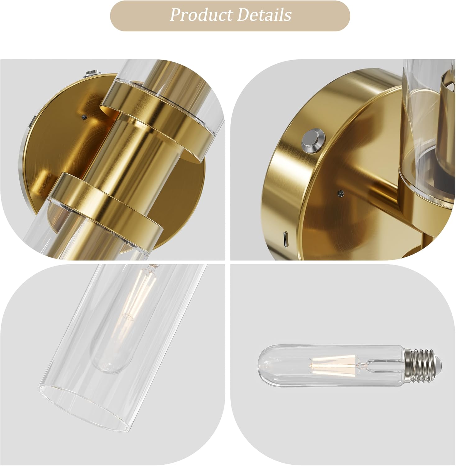 Battery Operated Wall Sconces, Wall Lights, Gold, 16.5 Inch, Easy Install | Glass Dimmable Wireless Rechargeable
