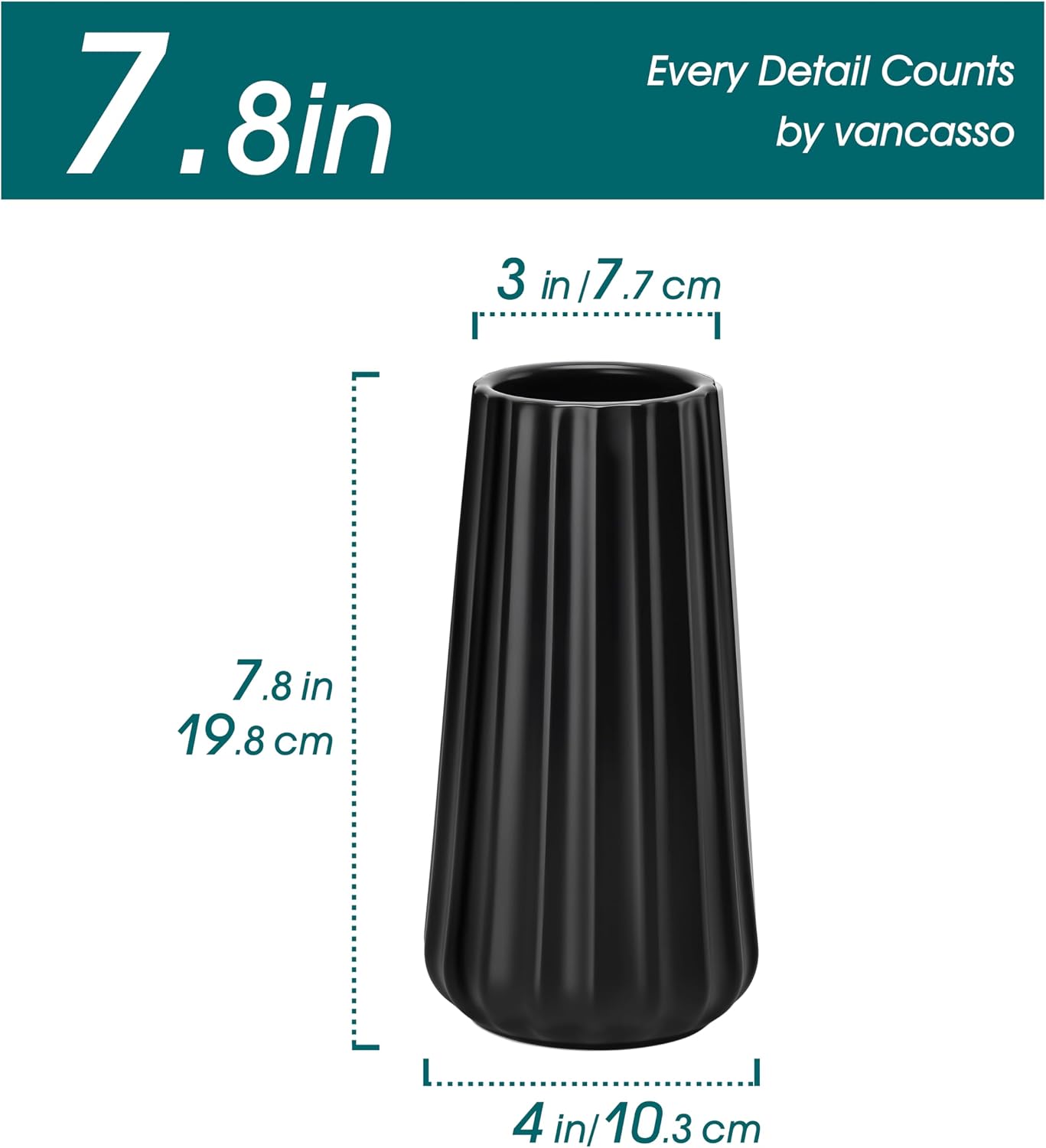 Ceramic Vase / Modern Ribbed Glossy Decorative Vase / Black / 7.8 Inch