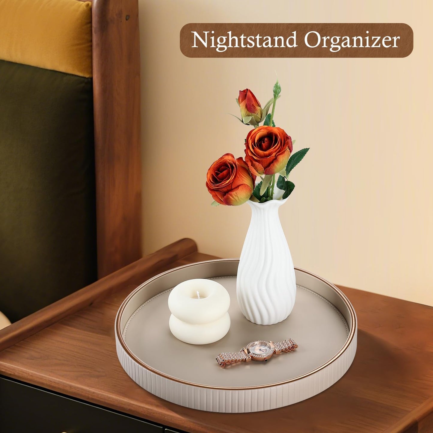 12" Round Decorative Tray / Beige