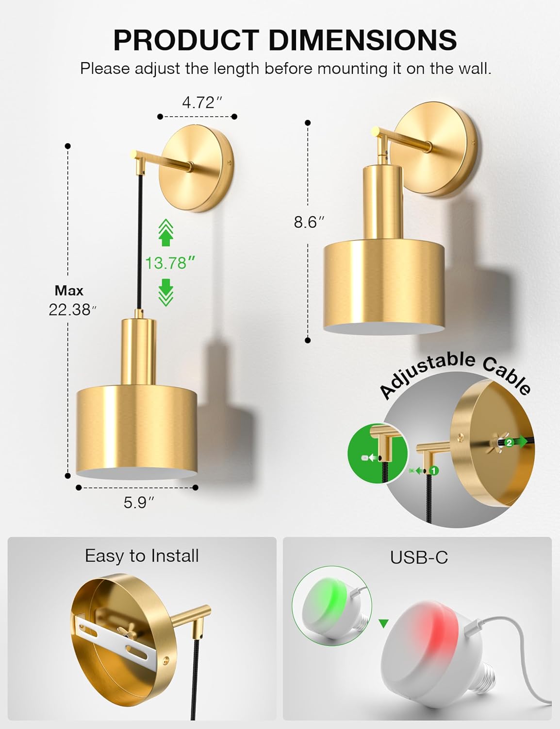 Battery Operated Wall Sconce Set of 2, Gold Wireless Rechargeable Wall Lights with 5200mAh Dimmable Detachable Bulbs