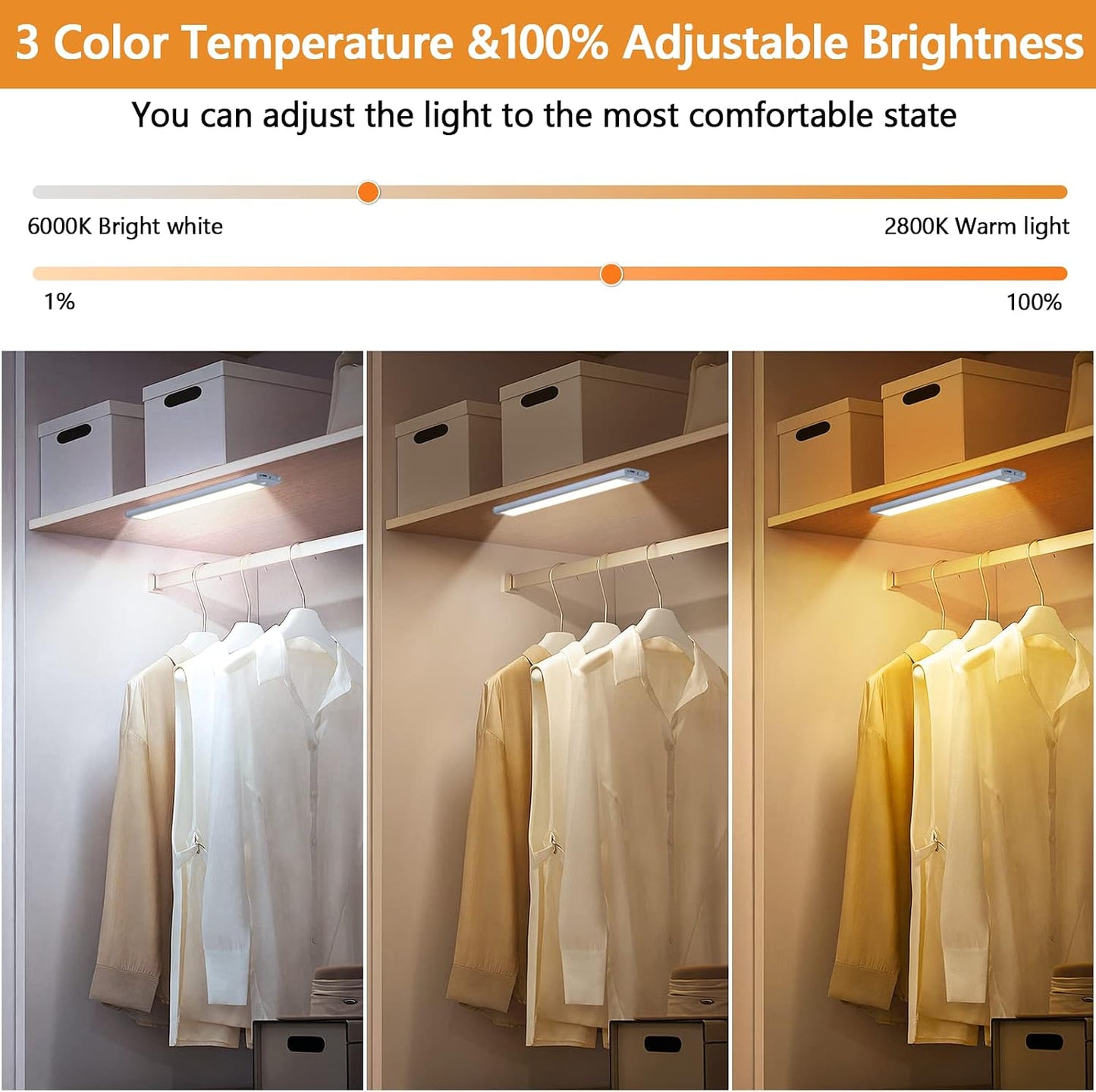 Under Cabinet Lights 2 Pack, 60 LED Dimmable Motion Sensor Light Indoor, Wireless USB Rechargeable with 3 Color Modes &
