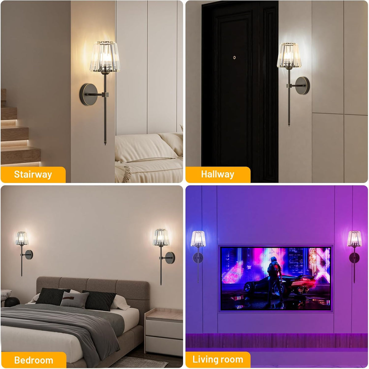 Crystal Battery Operated Wall Sconces Set of 2, Brown and Gold Rechargeable Wireless Wall Lights with Crystal