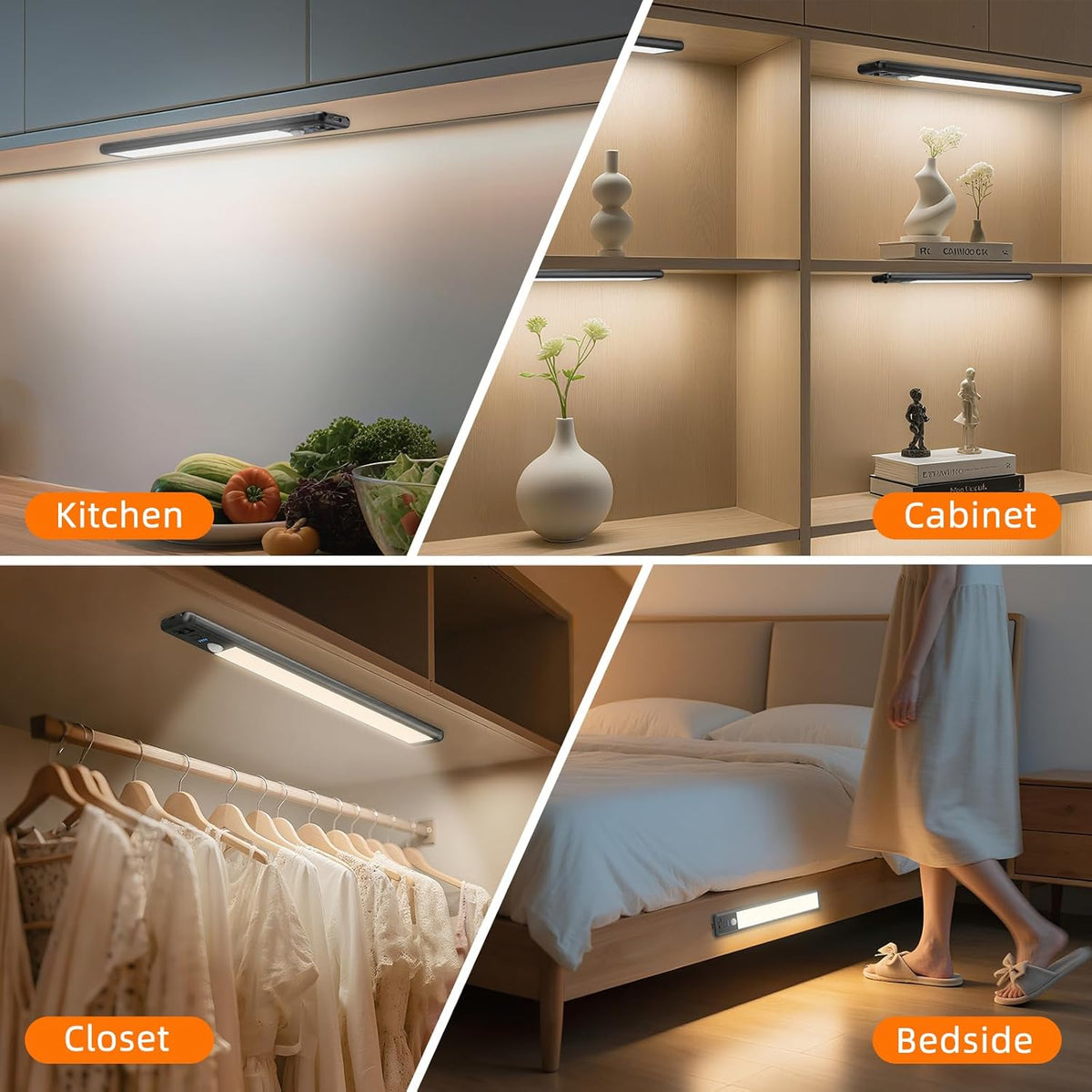 Under Cabinet Lighting Wireless, 10inch Motion Sensor Light, 3Pack-Black | Rechargeable, 3 Color Temps, Dimmable, Power