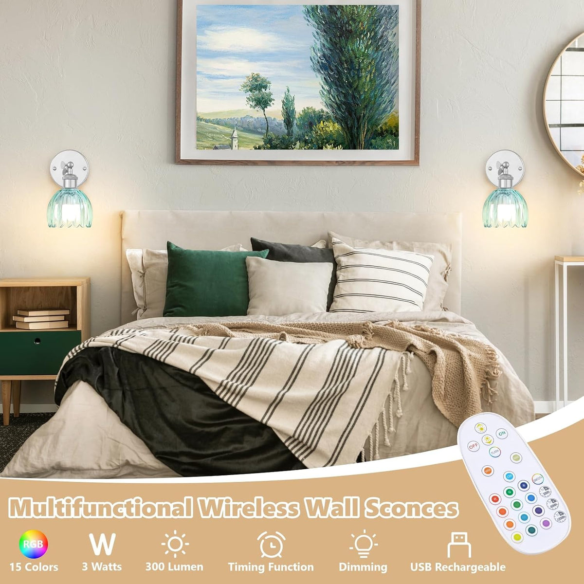 Vintage Battery Operated Wall Sconce, Sky Blue Tulip Glass Lampshade Wireless Rechargeable Battery Powered LED Wall