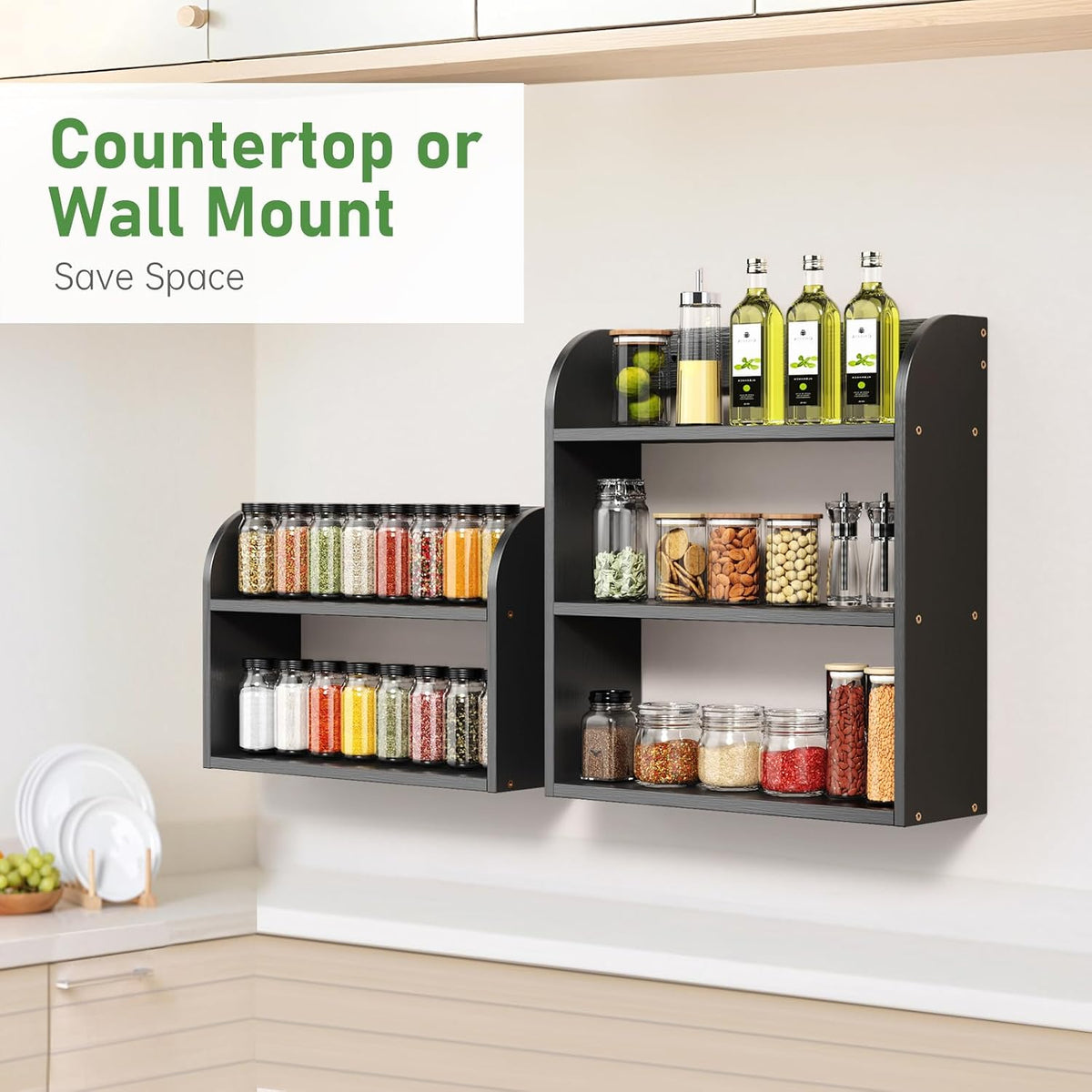 ROMGUAR CRAFT 3 Tier Bamboo Spice Rack, Countertop or Wall Mounting Wood Spice Jars Organizer Shelf for Kitche, Pantry