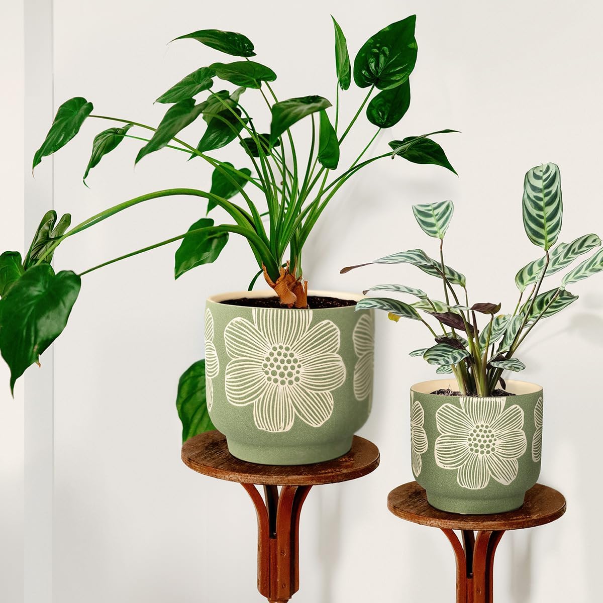 Sand Glazed Ceramic Planter / 8+6 Inch / Modern Green Floral / 8 Inch