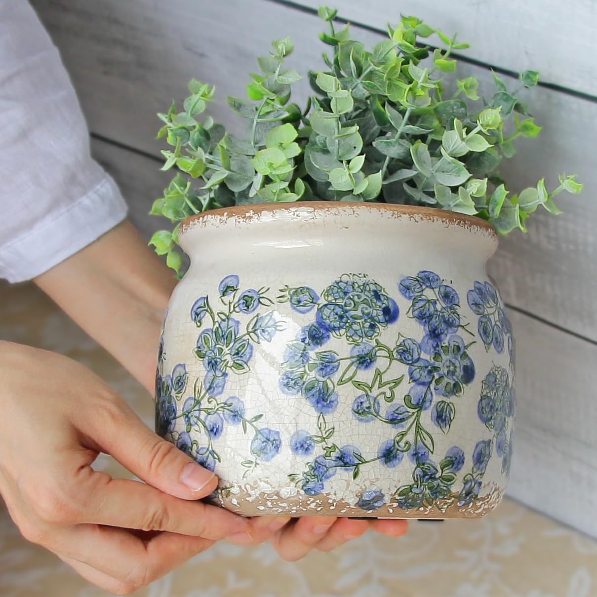 Ceramic Planters Spring Decor / Deep Blue Floral / 6.29 Inch