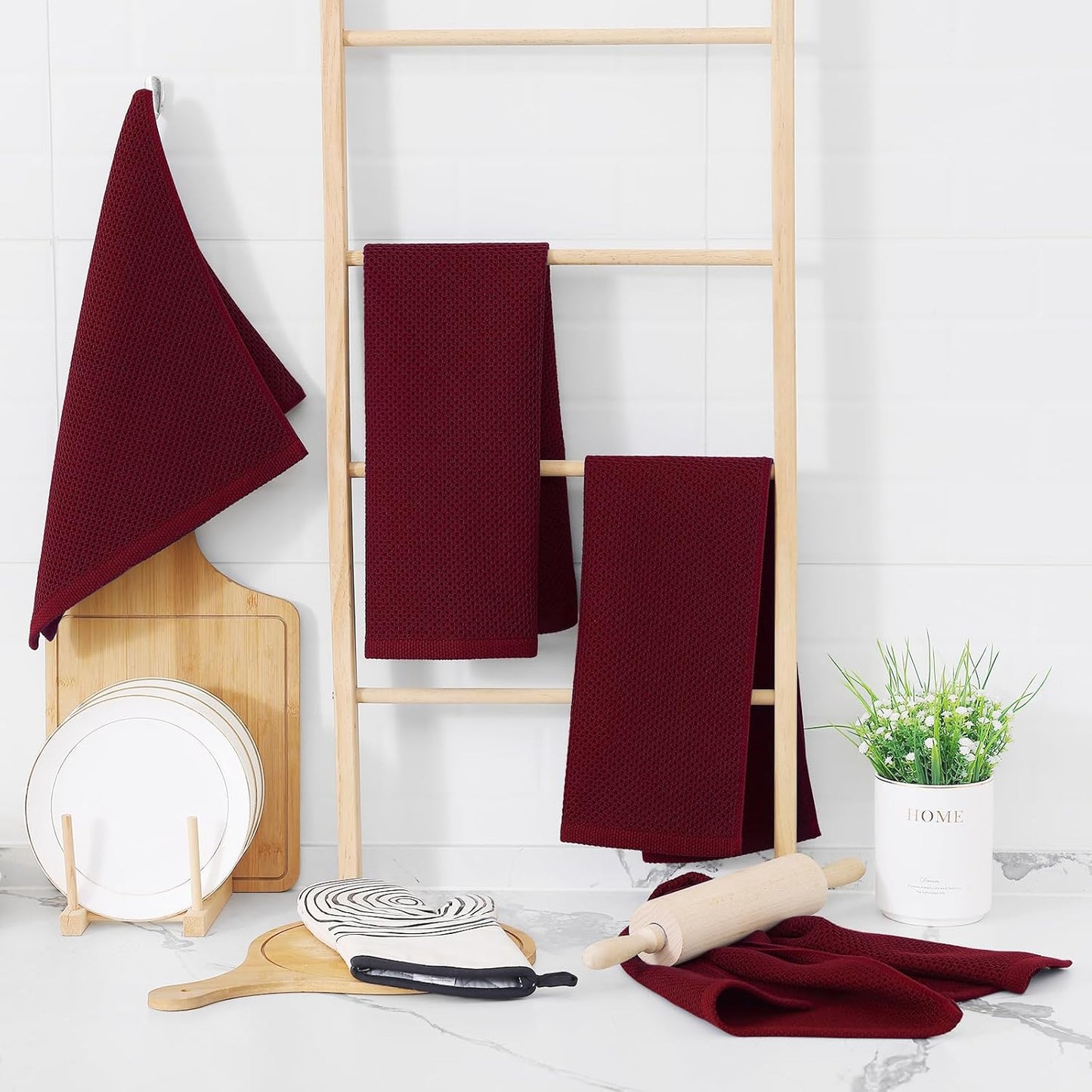 Homaxy 100% Cotton Waffle Weave Kitchen Dish Towels 6-Pack, Burgundy | 13 x 28 Inches, Ultra Soft Absorbent Dish