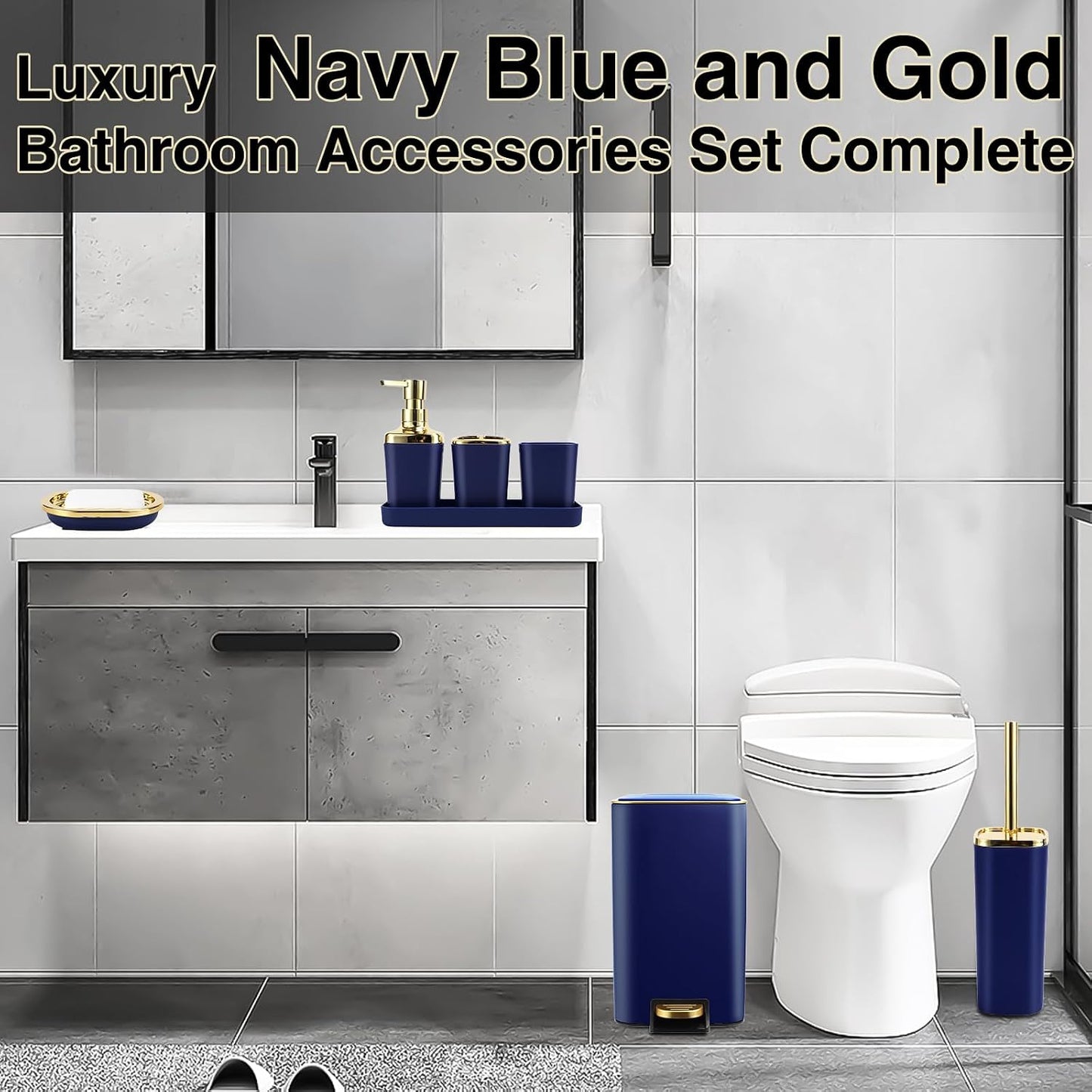 XLHOMO Navy Blue Bathroom Accessories Set 8 Piece Navy Blue and Gold Bathroom Set, Bathroom Sets with Stainless Steel