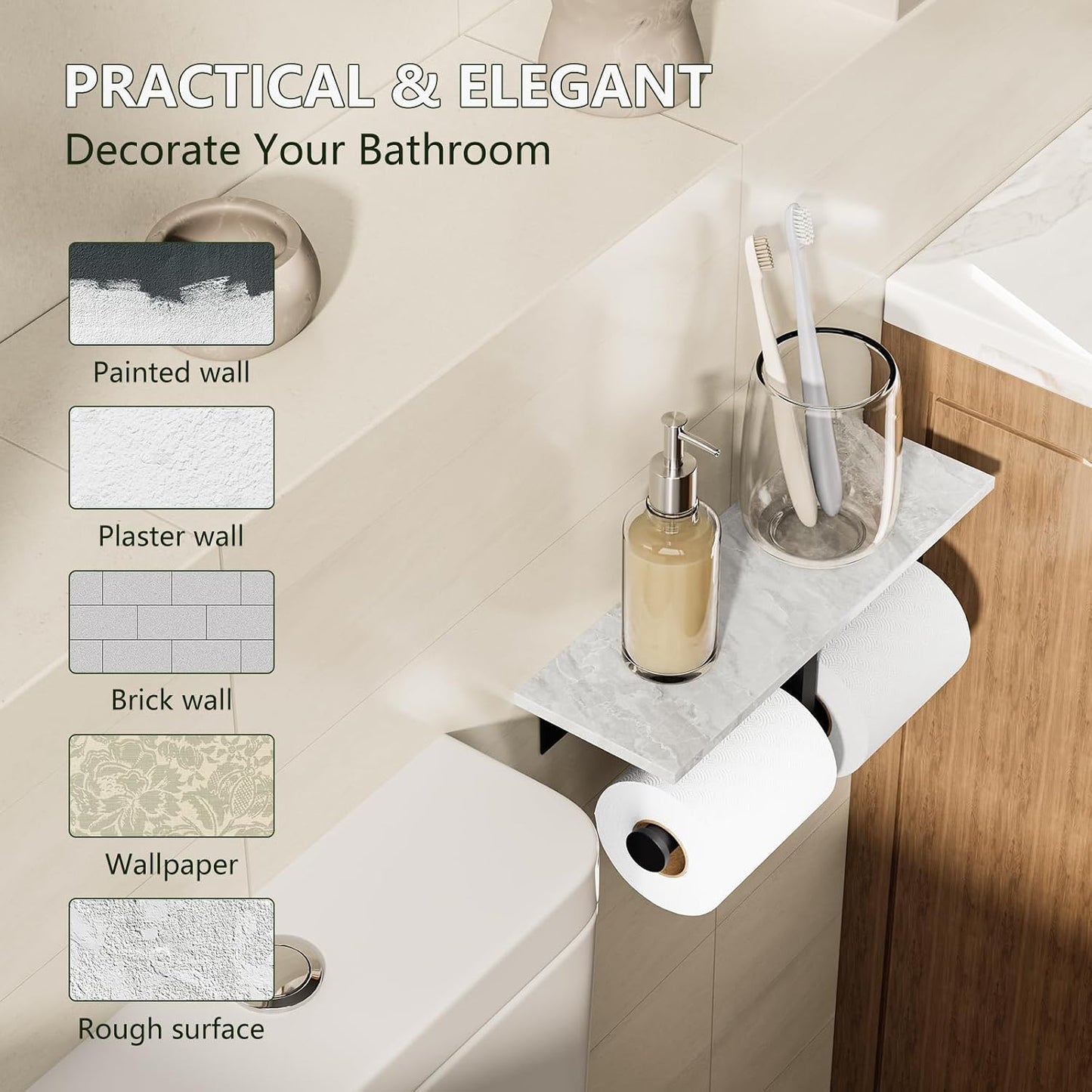Marble Toilet Paper Holder with Shelf Doulble Bathroom Tissue Roll Holder | Matte Black 304 Stainless Steel Toilet