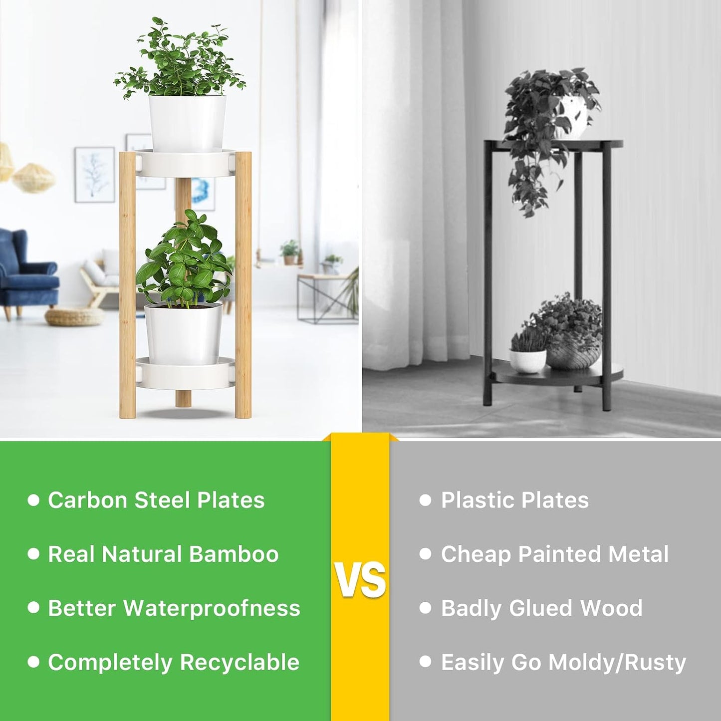 2-Tier Plant Stand Indoor, Tall Bamboo Corner Shelf for Multiple Plants | Narrow 2-Tier Display, Easy-Clean