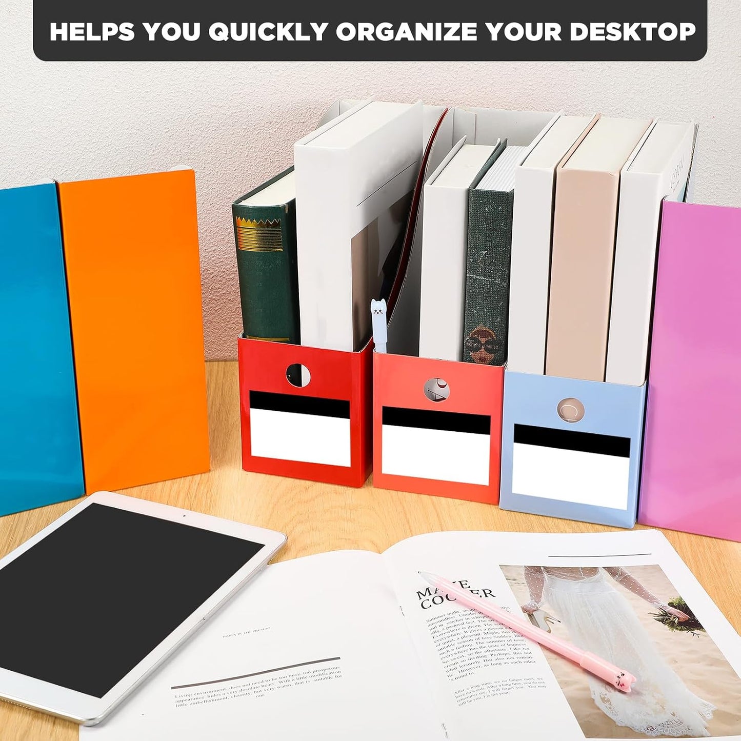 32 Pcs Magazine File Holder Set Including Colored Foldable Desk File Holder Organizer White Label Stickers Cat Pen