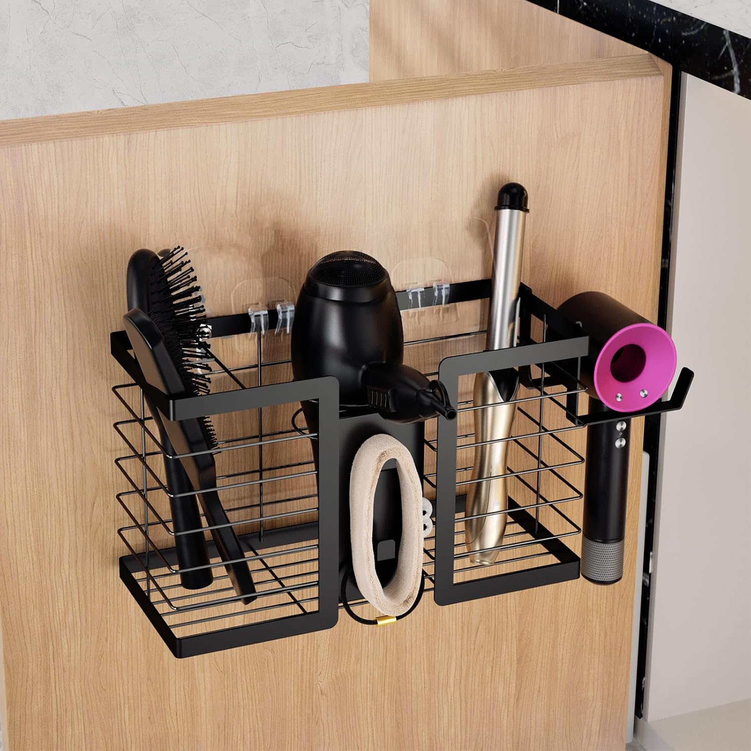 FUNKYLEE Hair Tool Organizer Hair Dryer Holder, 3 in 1 Metal Bathroom Blow Dryer Organizer Wall Mount for Flat Iron