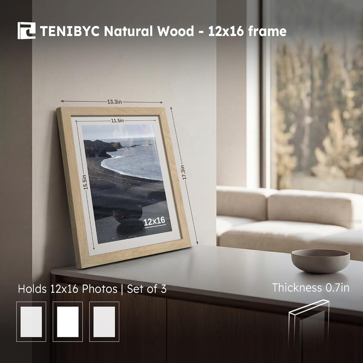 12x16 Picture Frame 3 Pack, Natural Wood, Real Glass, Wall Hanging | Thick HD Tempered Glass, Large Poster Frame for