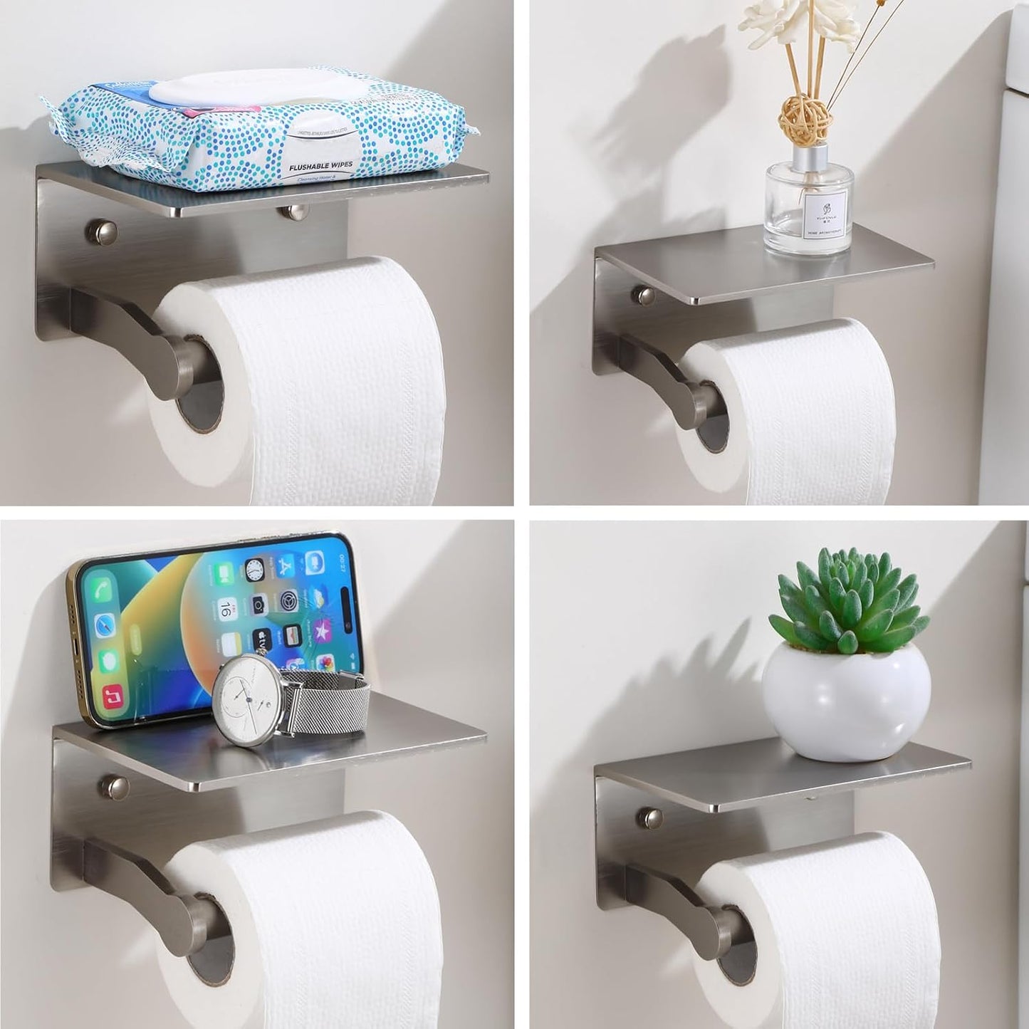 Toilet Paper Holder with Shelf, Adhesive or Screw Wall Mount Toilet Roll Holder for Bathroom, Rustproof Solid Aluminum